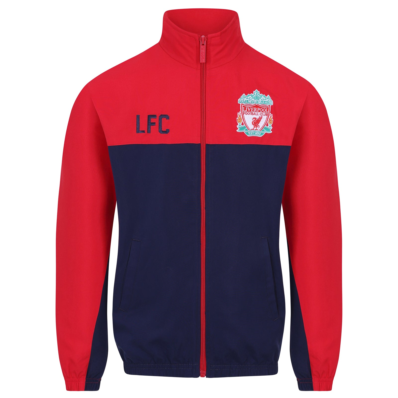 Liverpool kids tracksuit in navy blue with club crest to chest and left thigh