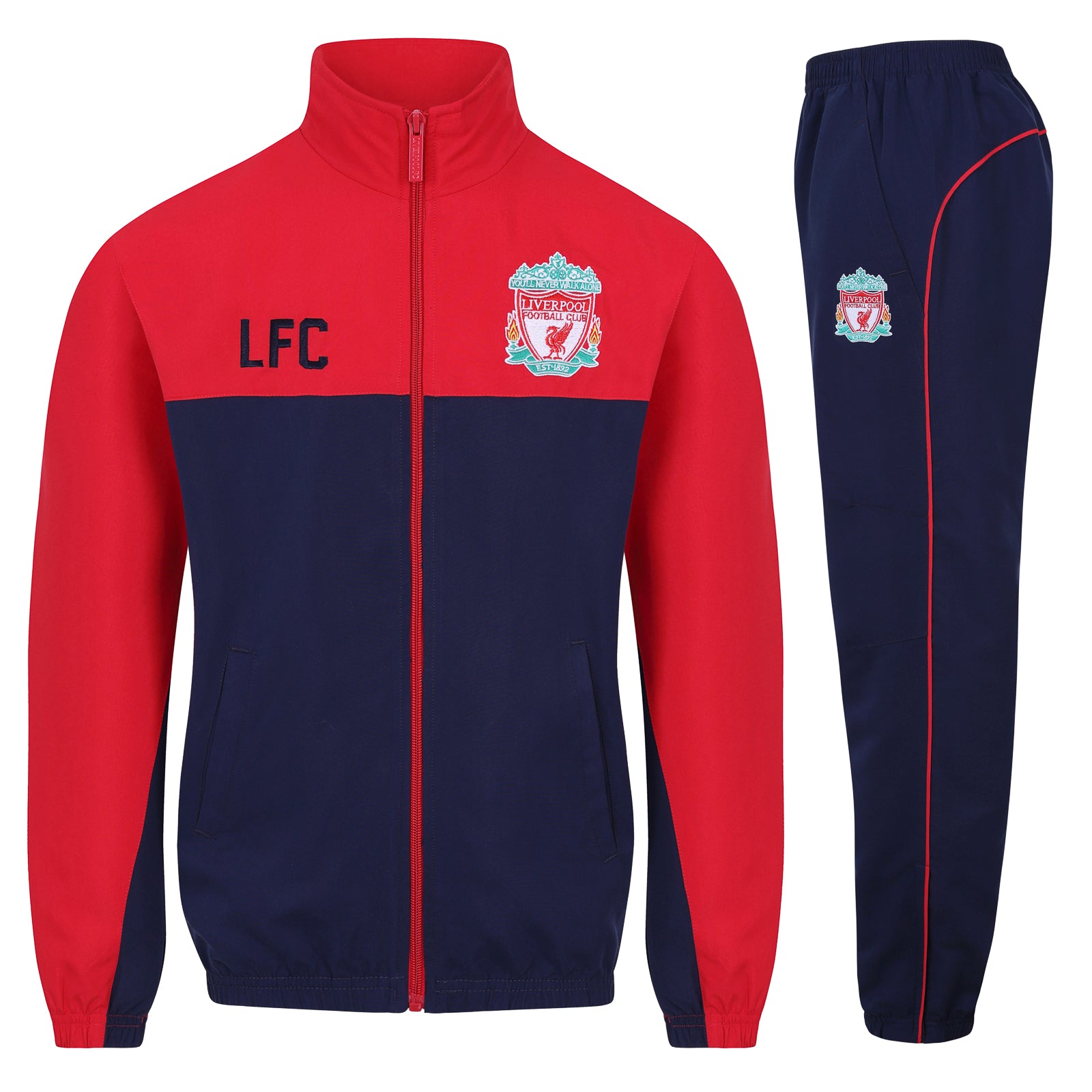 Liverpool kids tracksuit in navy blue with club crest to chest and left thigh