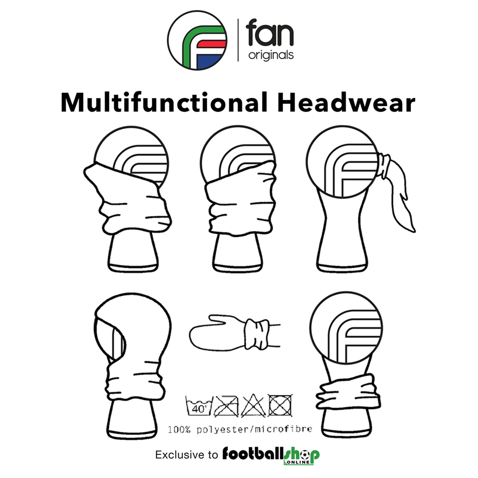 One-piece snood neck scarf in white, one size with all over Fan Originals branding.
