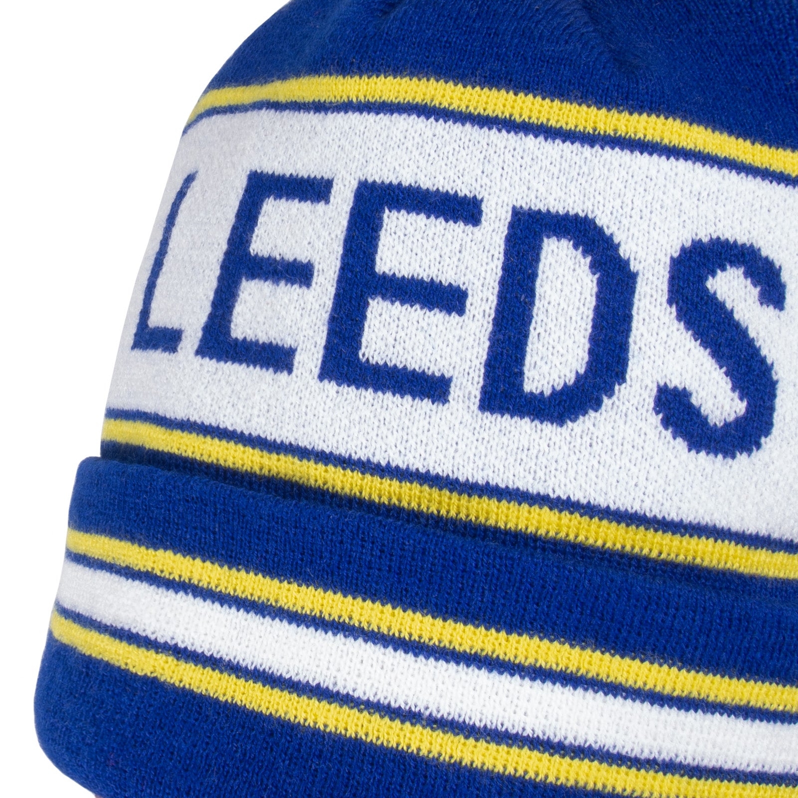 Leeds United knitted bobble hat in blue with text to front