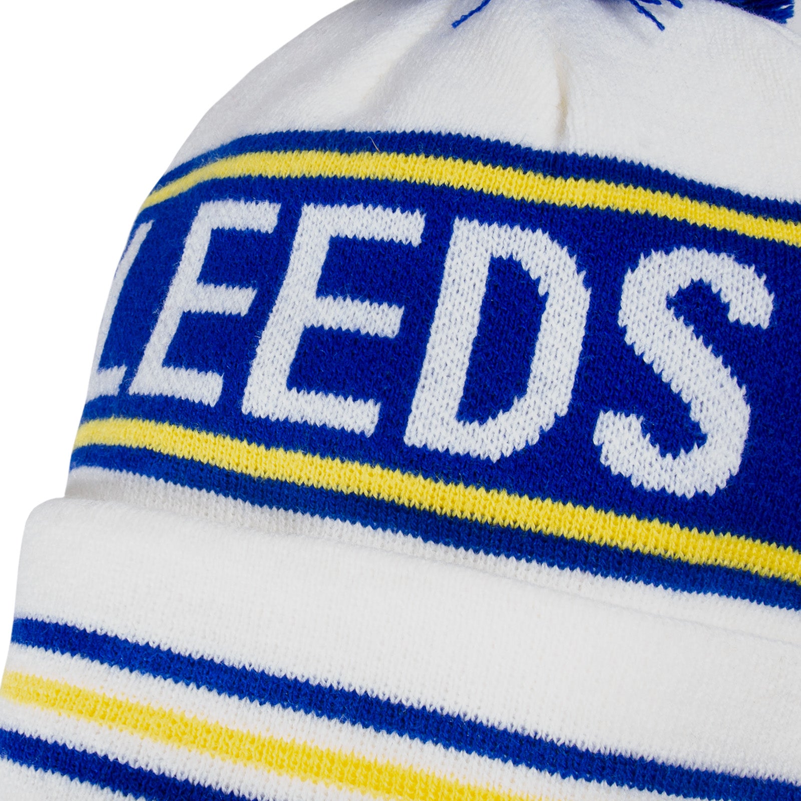 Leeds United knitted bobble hat in white with text to front