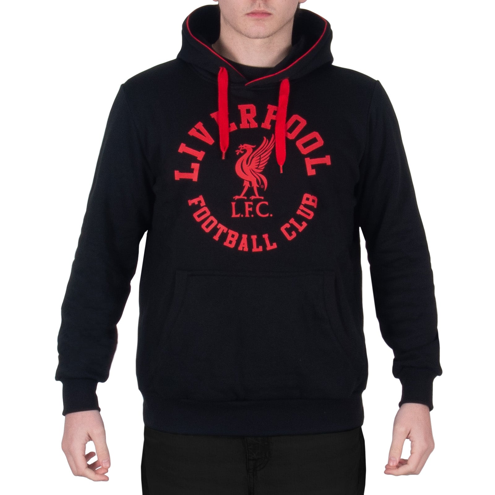 Liverpool graphic hoodie for adults in black with LFC crest to the centre of the body.