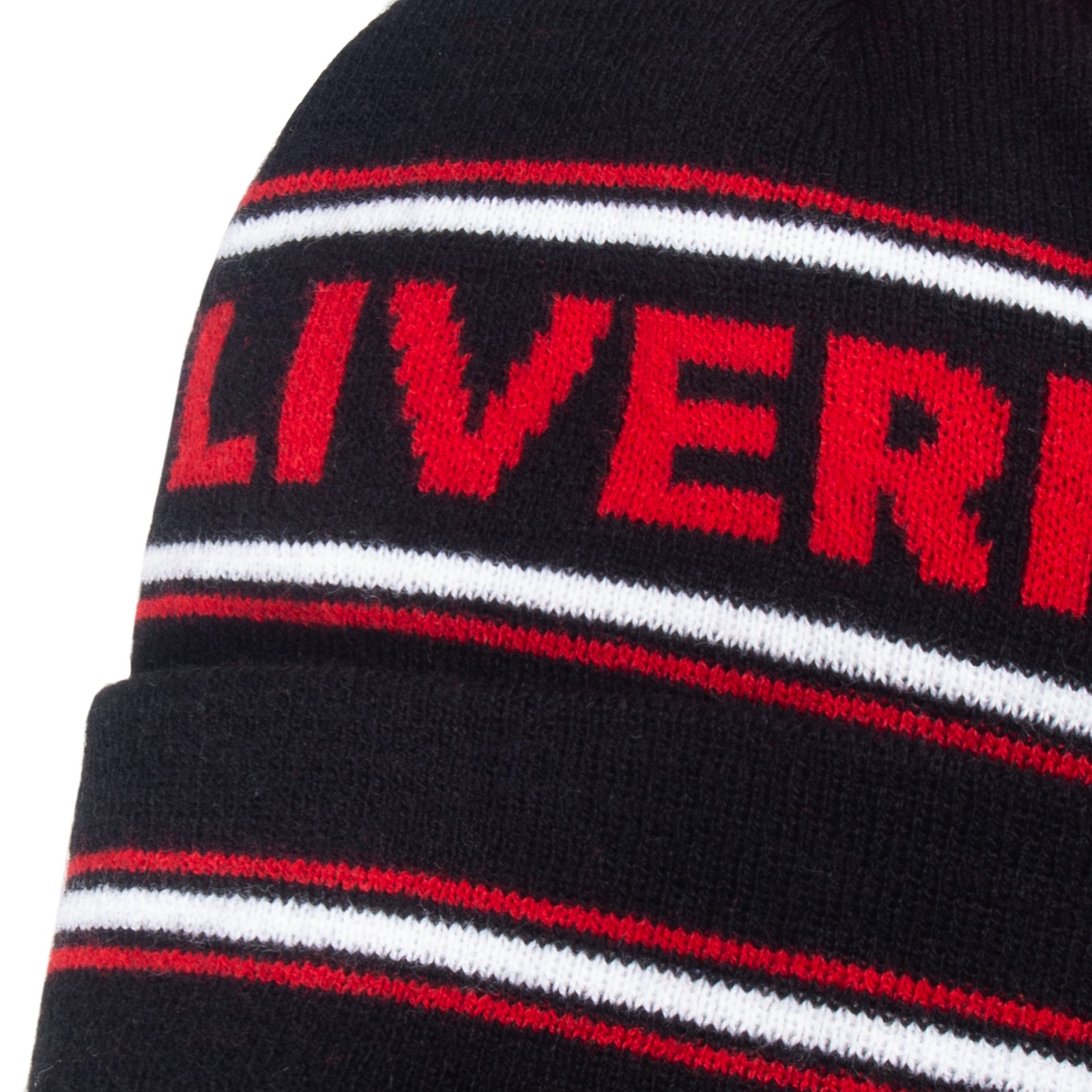 Liverpool knitted bobble hat in black with text to front