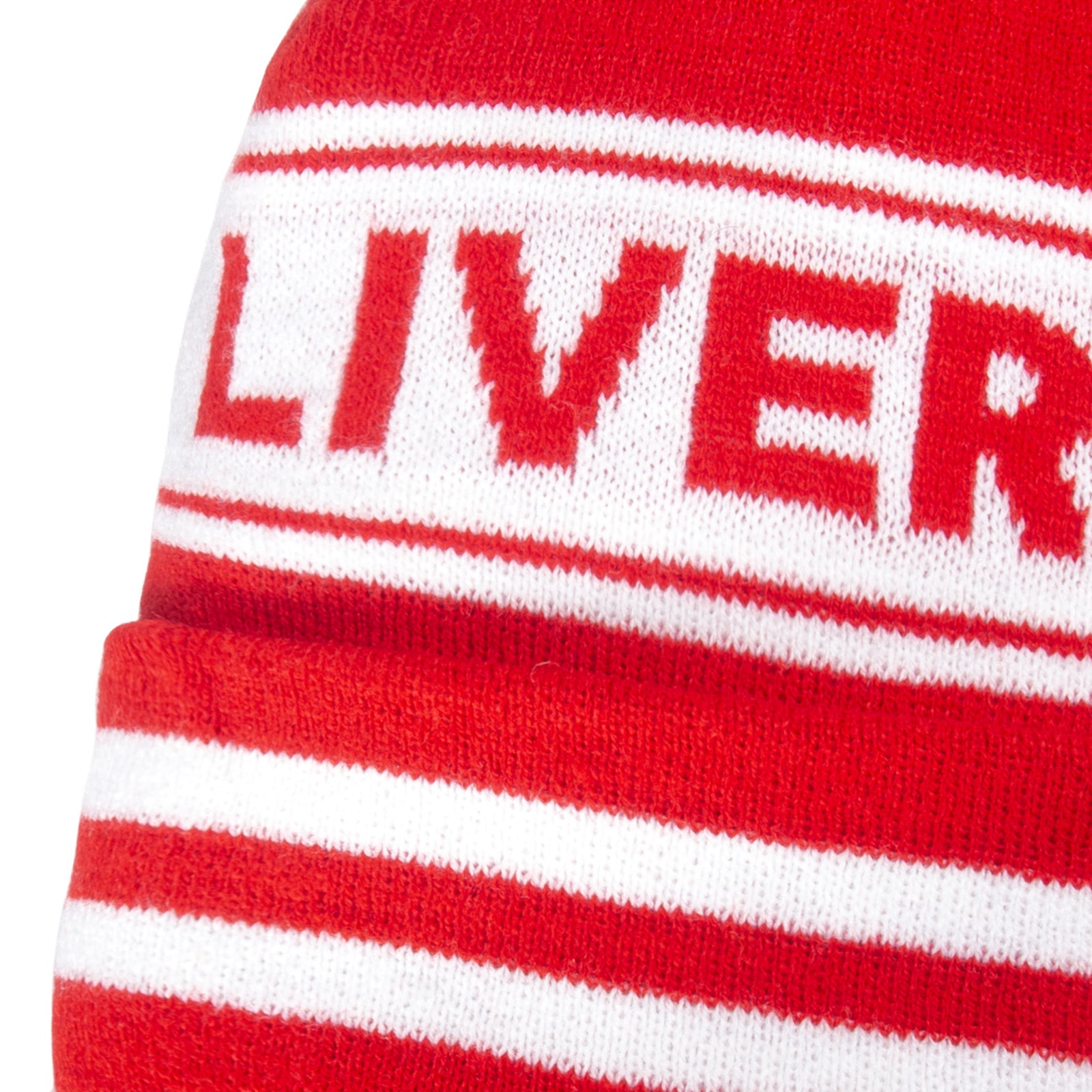 Liverpool knitted bobble hat in red with text to front