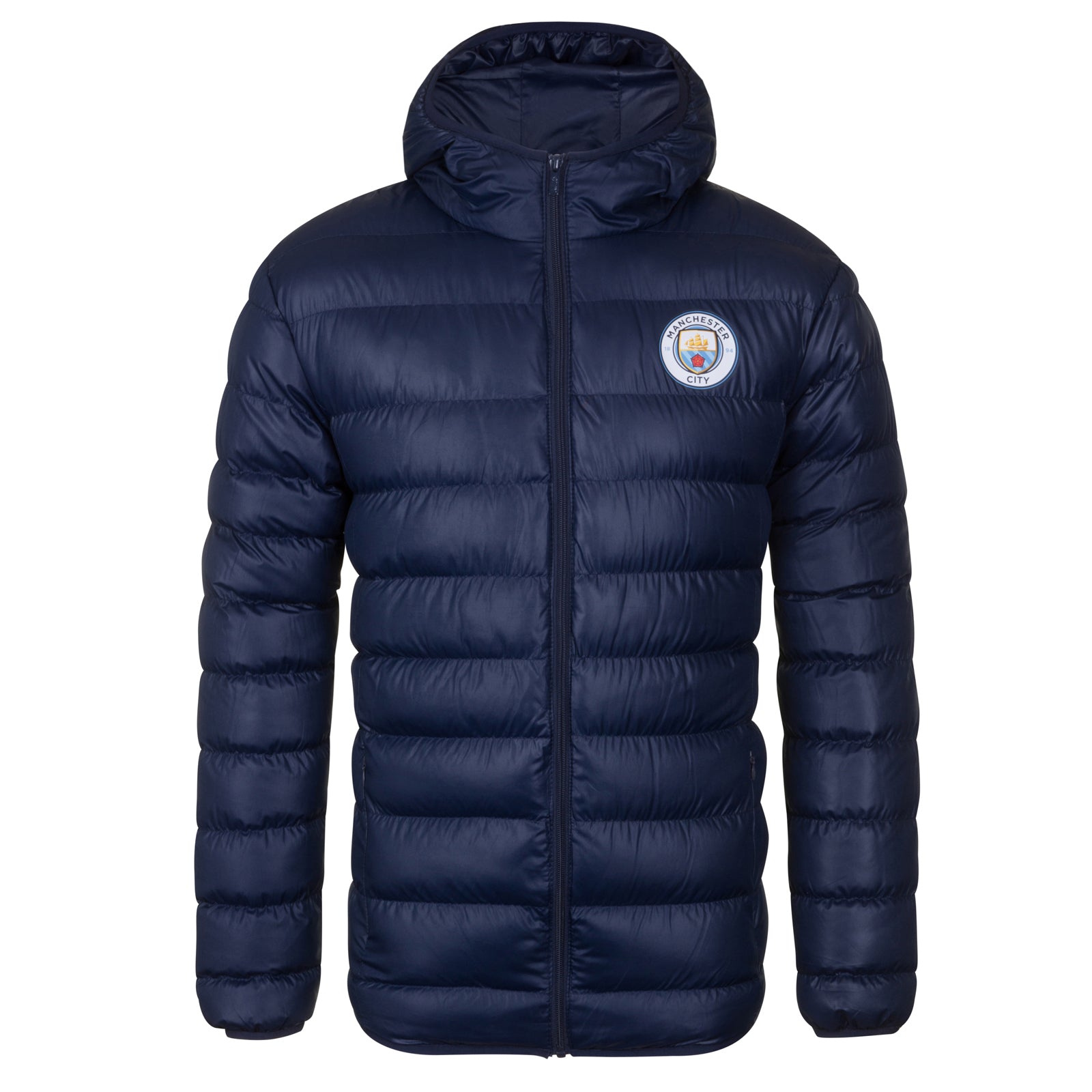 Man City kids quilted jacket in navy blue with club crest to chest.
