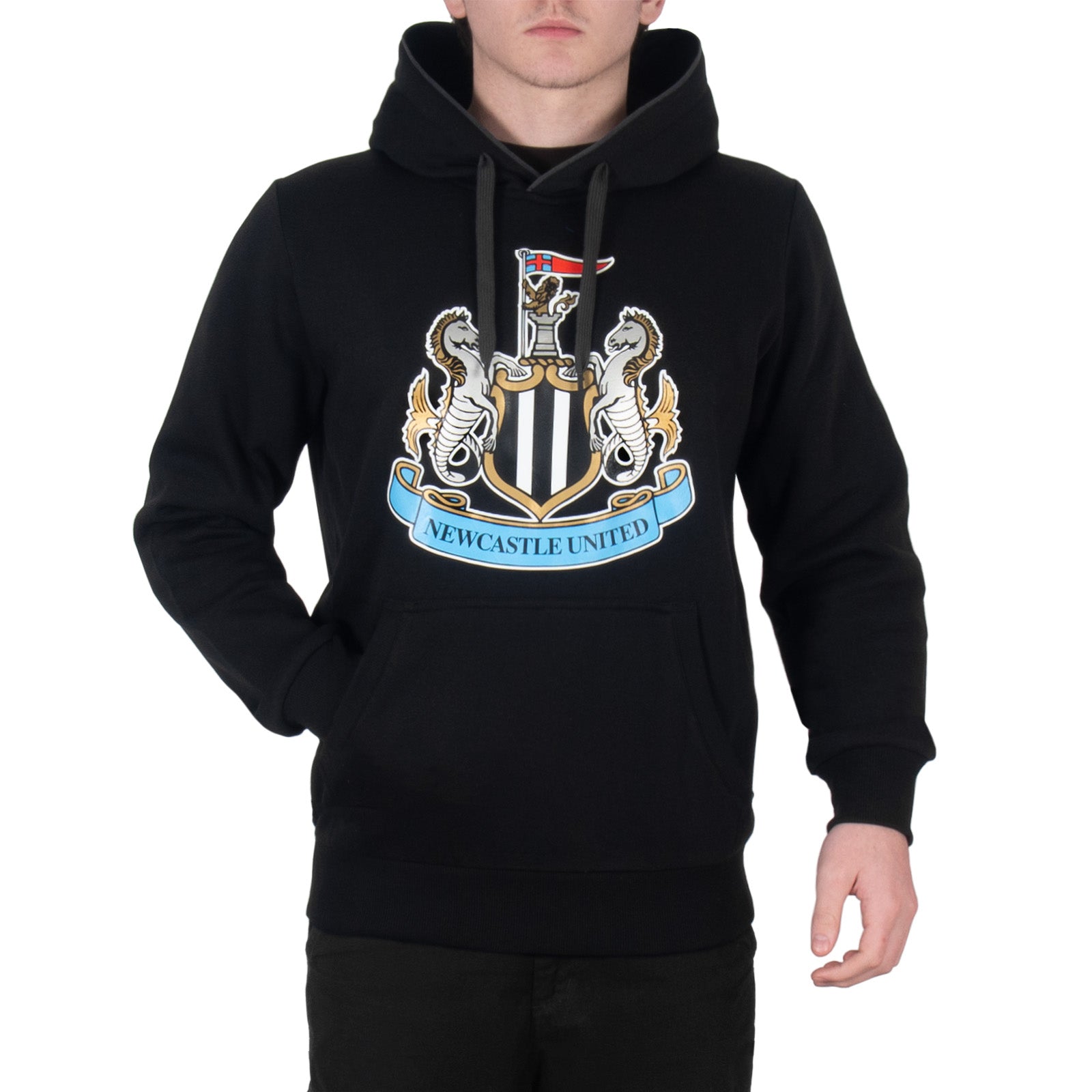 Newcastle United adults hoodie in black with a NUFC club crest across the front.