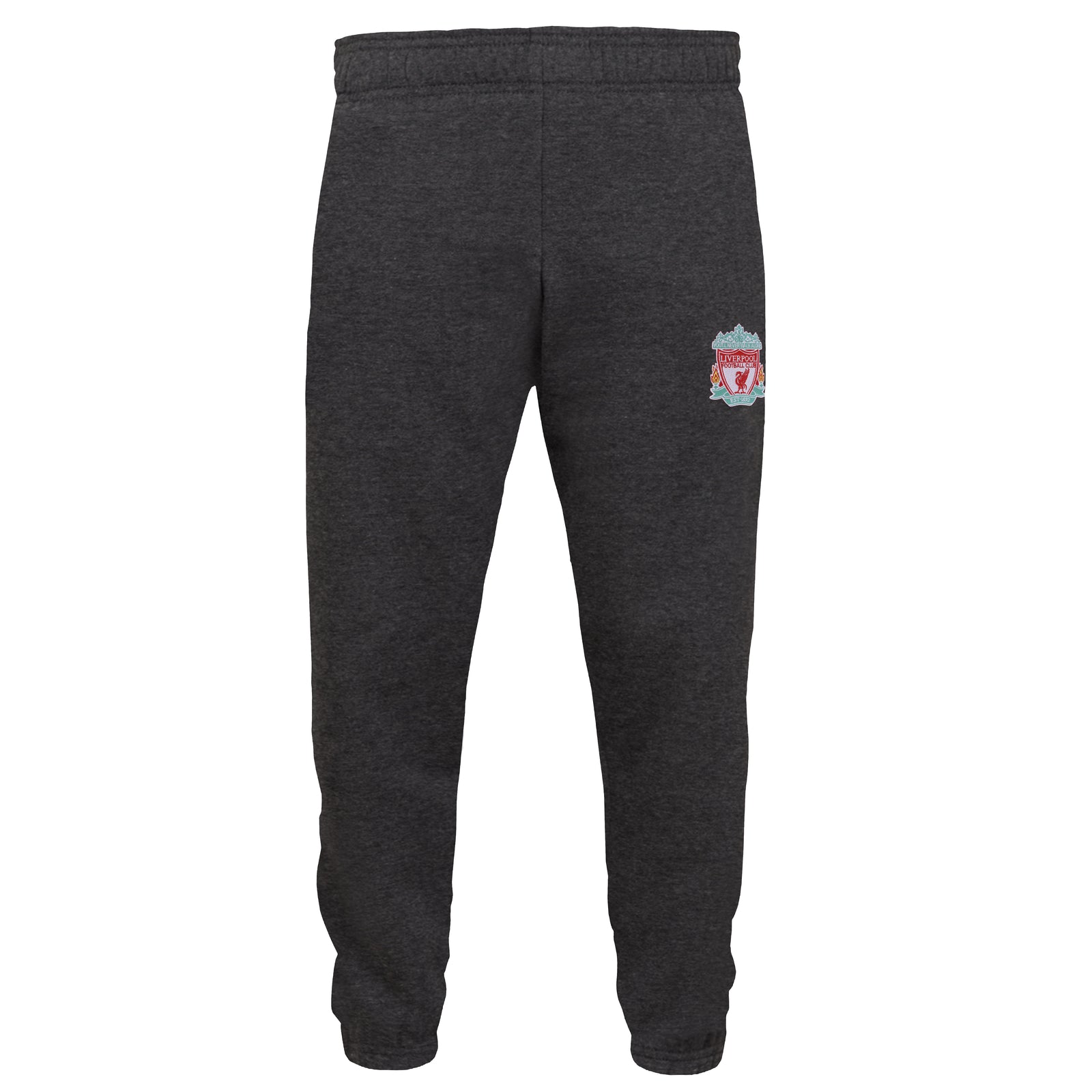 Liverpool kids slim fit track pants in charcoal grey with club crest and text to left leg.
