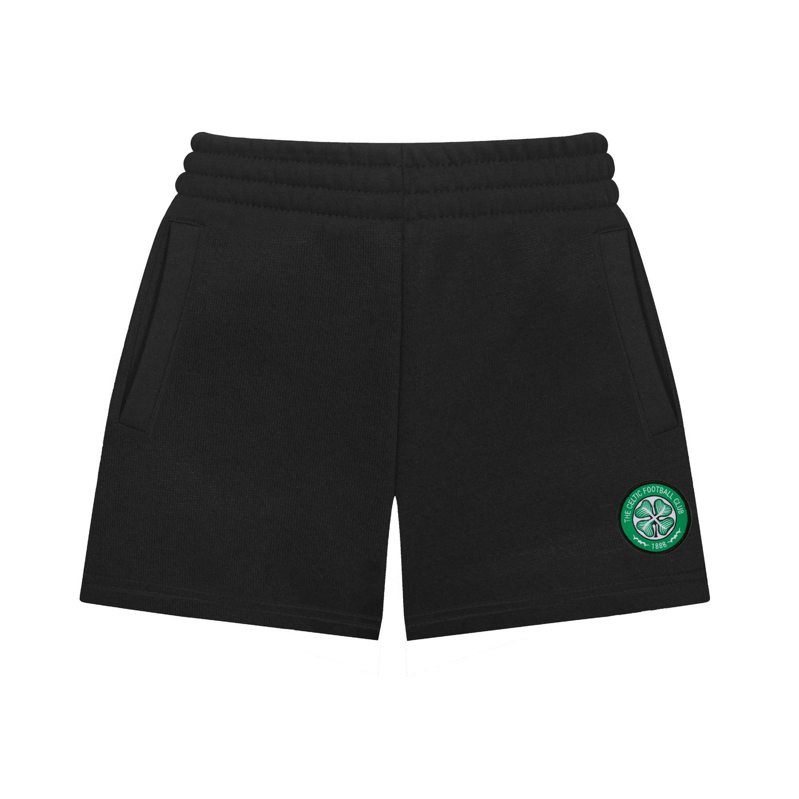 Celtic kids fleece shorts in black with crest to left leg and pockets to front & back.
