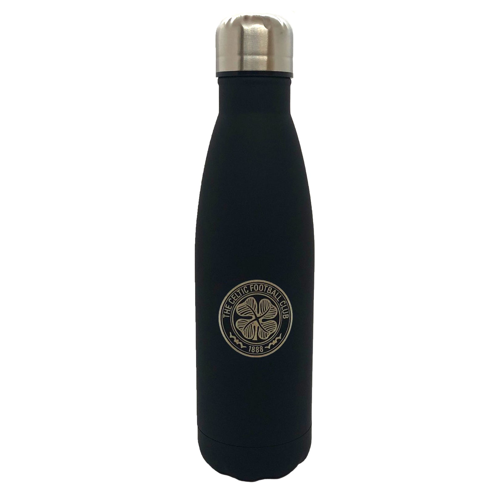 Celtic stainless steel vacuum flask, 500ml in black, with club crest on both sides & screw cap