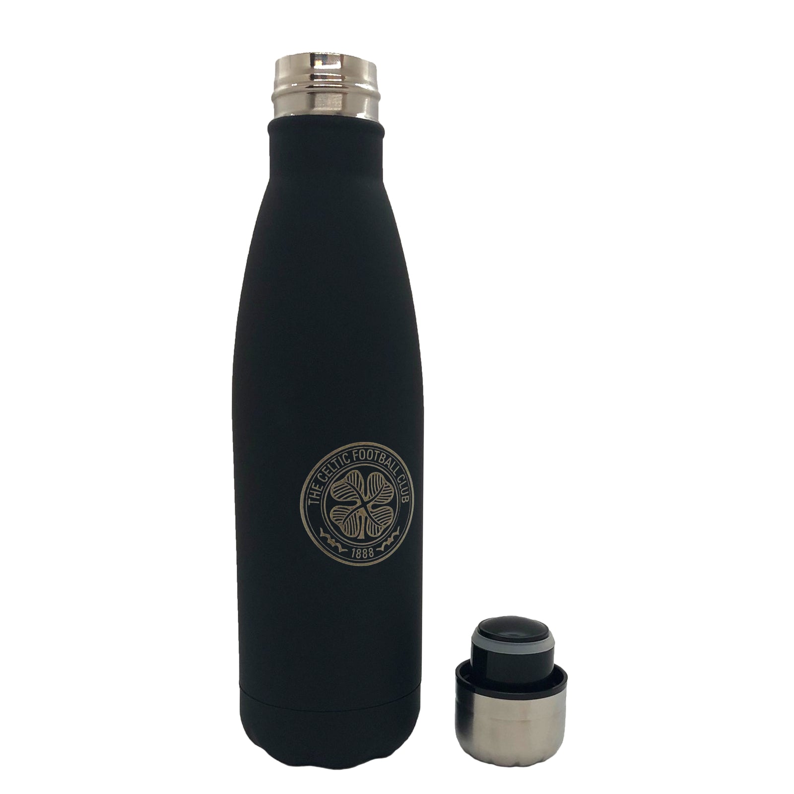 Celtic stainless steel vacuum flask, 500ml in black, with club crest on both sides & screw cap