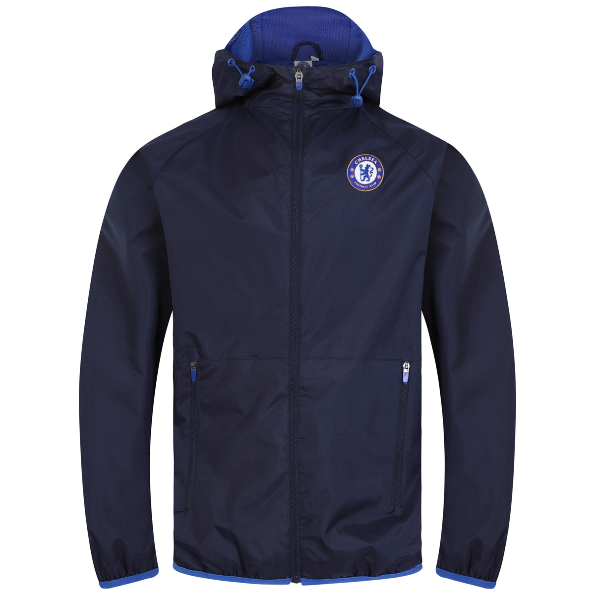 Chelsea adults shower jacket with hood in navy blue with club crest to chest.