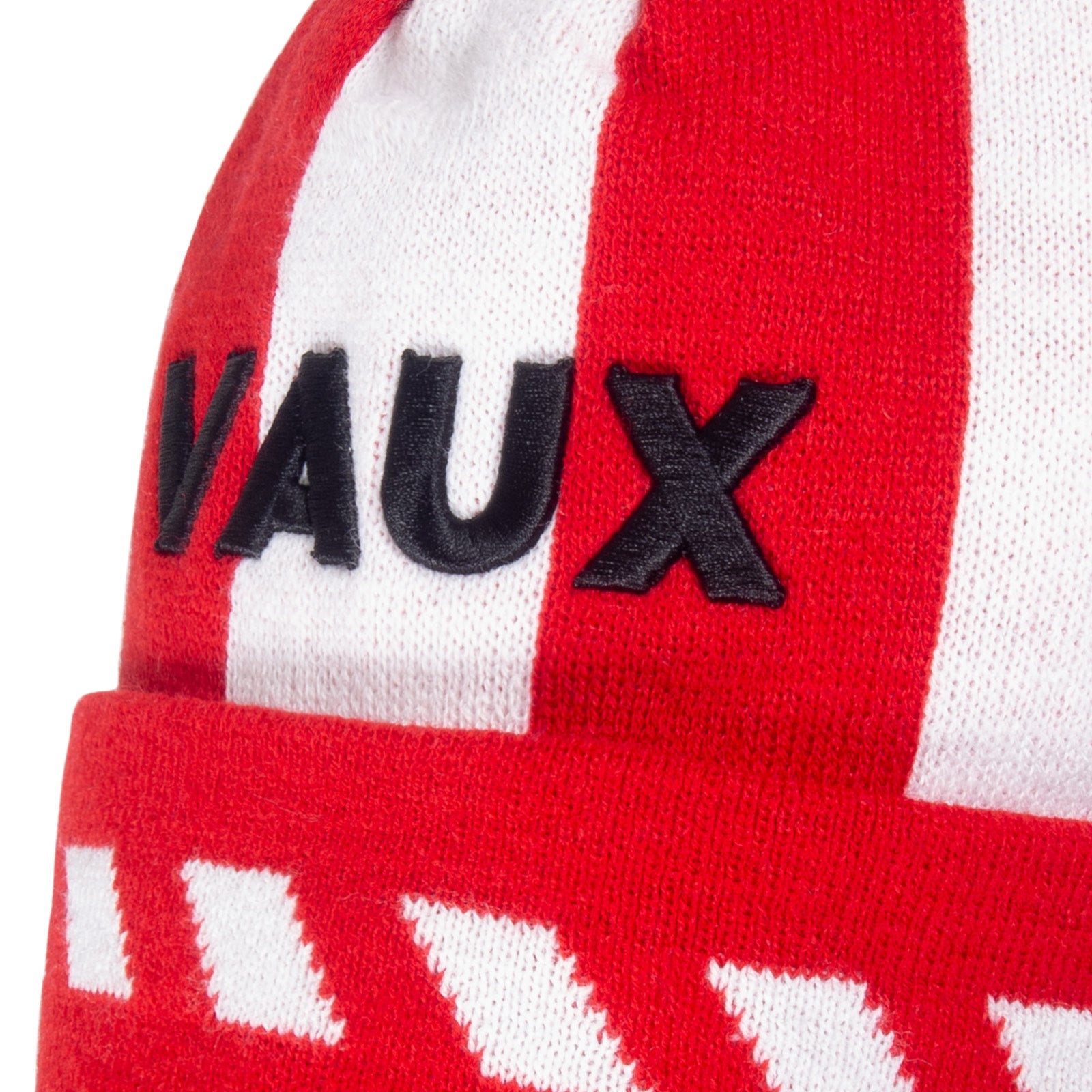 Sunderland retro knitted beanie hat in red, white & black with Vaux text to front