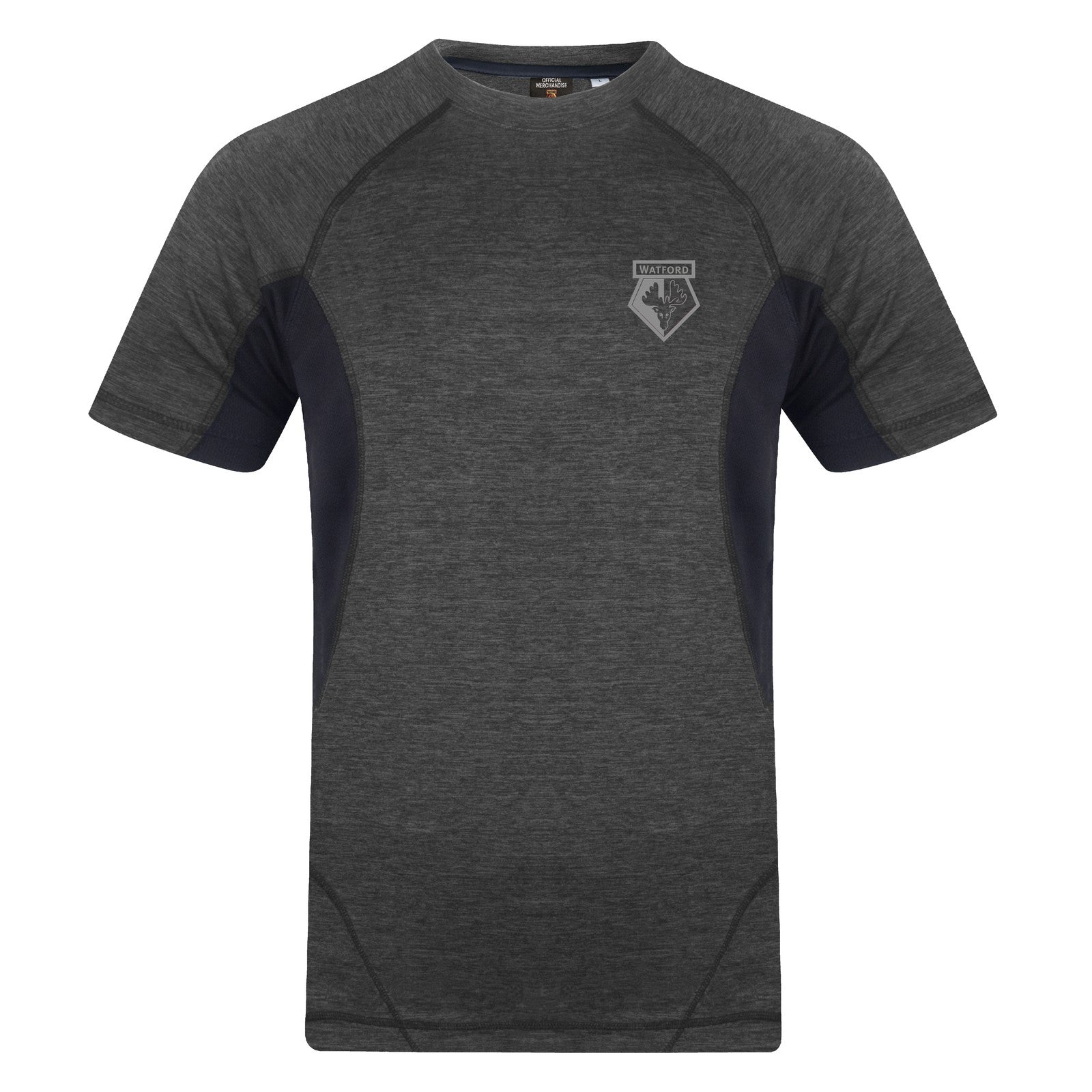 Watford  kids poly T-shirt in black with relective print crest to chest.