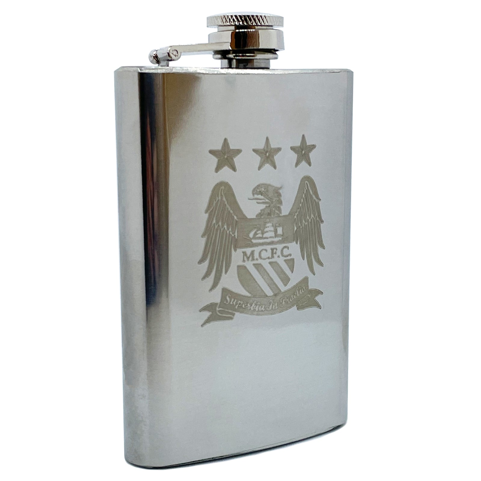 Man City 4oz chrome hip flask with crest in a branded presentation gift box.