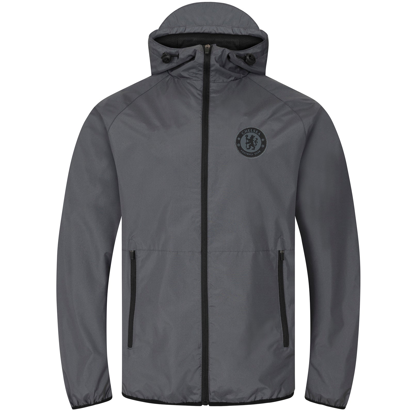 Chelsea adults shower jacket with hood in grey with club crest to chest.