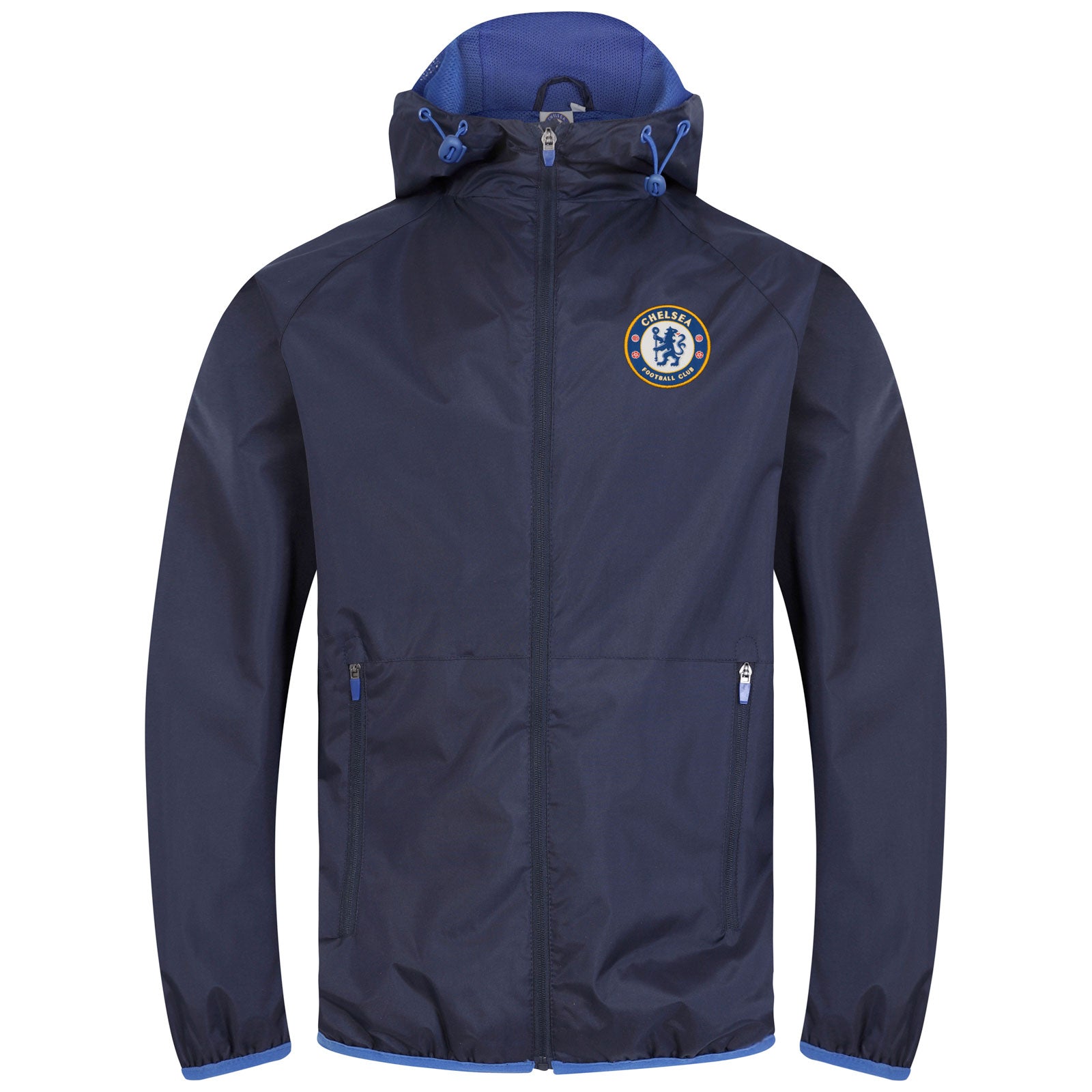 Chelsea adults shower jacket with hood in navy blue with club crest to chest.