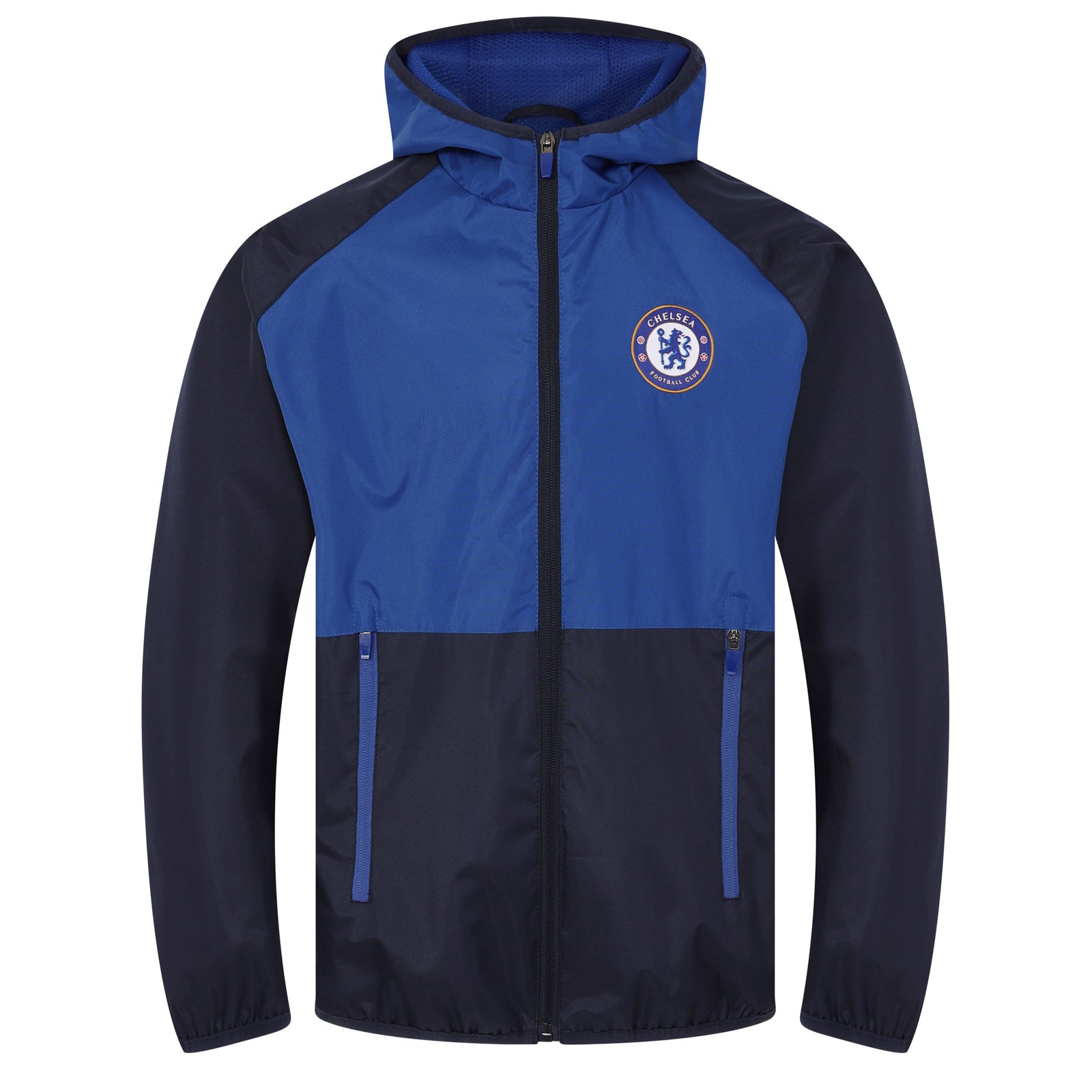 Chelsea adults shower jacket with hood in navy blue with club crest to chest.
