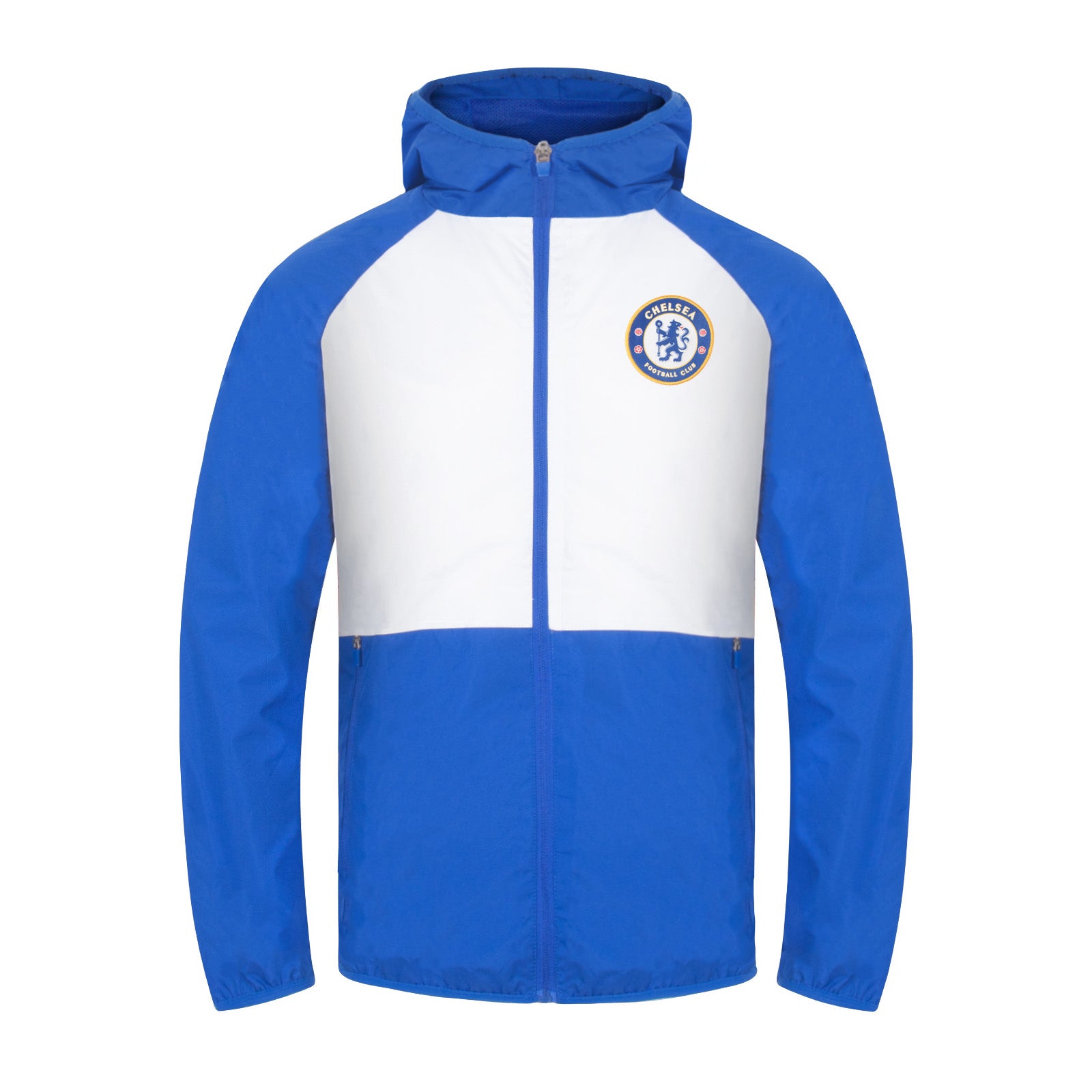 Chelsea adults shower jacket with hood in royal blue & white with club crest to chest.