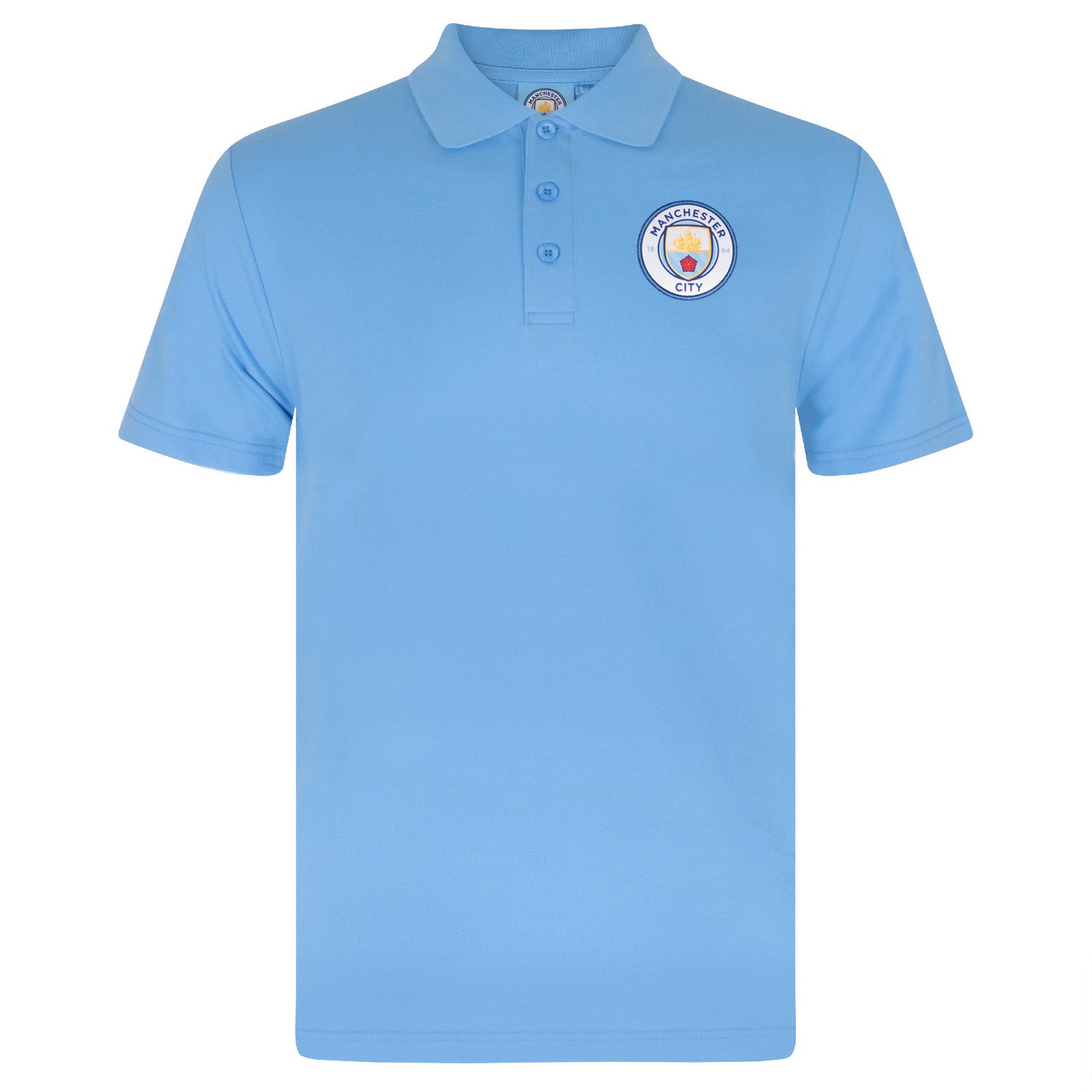 Man City adults polo shirt in sky blue with club crest to the chest.