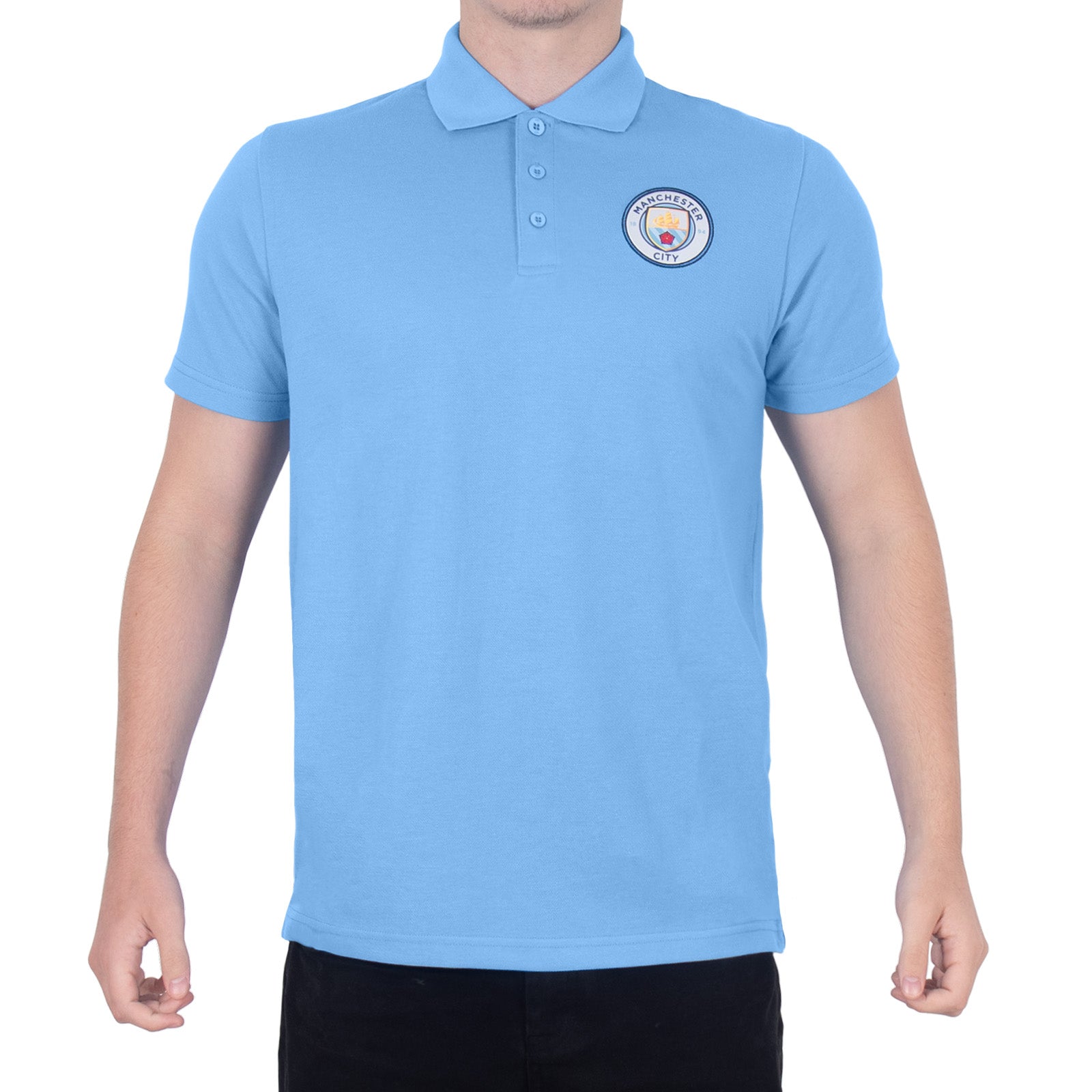 Man City adults polo shirt in sky blue with club crest to the chest.