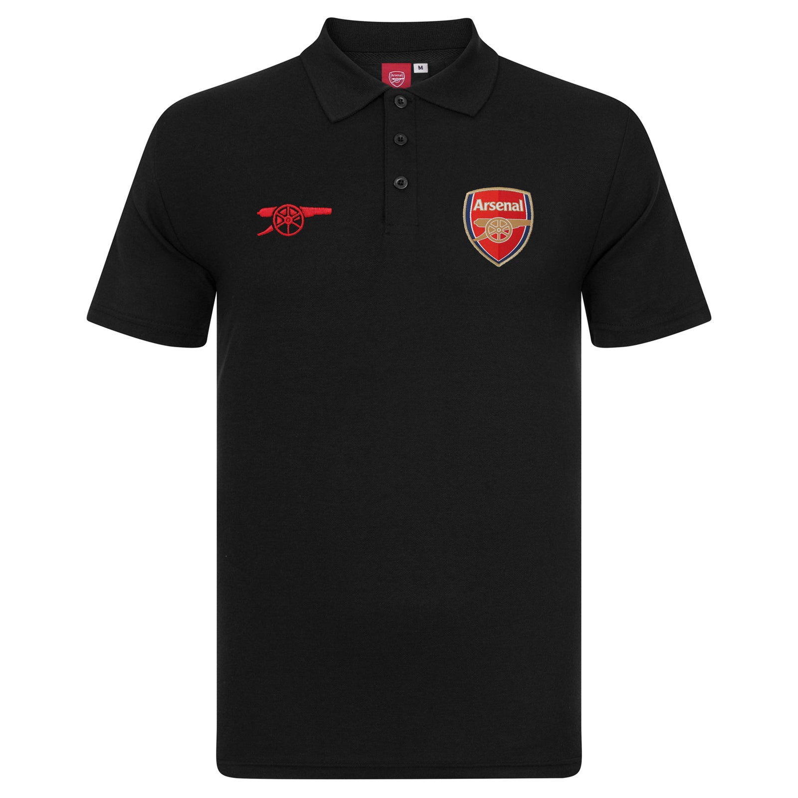 Arsenal polo shirt for adults in black with club crest and canon to chest.