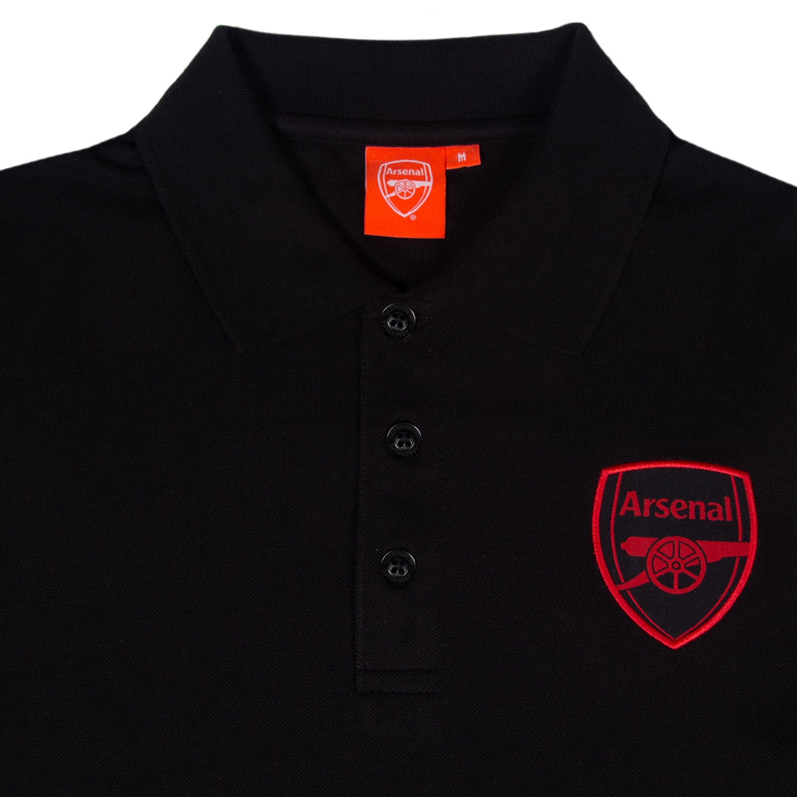 Arsenal polo shirt for adults in black with contrast sleeve, club crest and canon to chest.