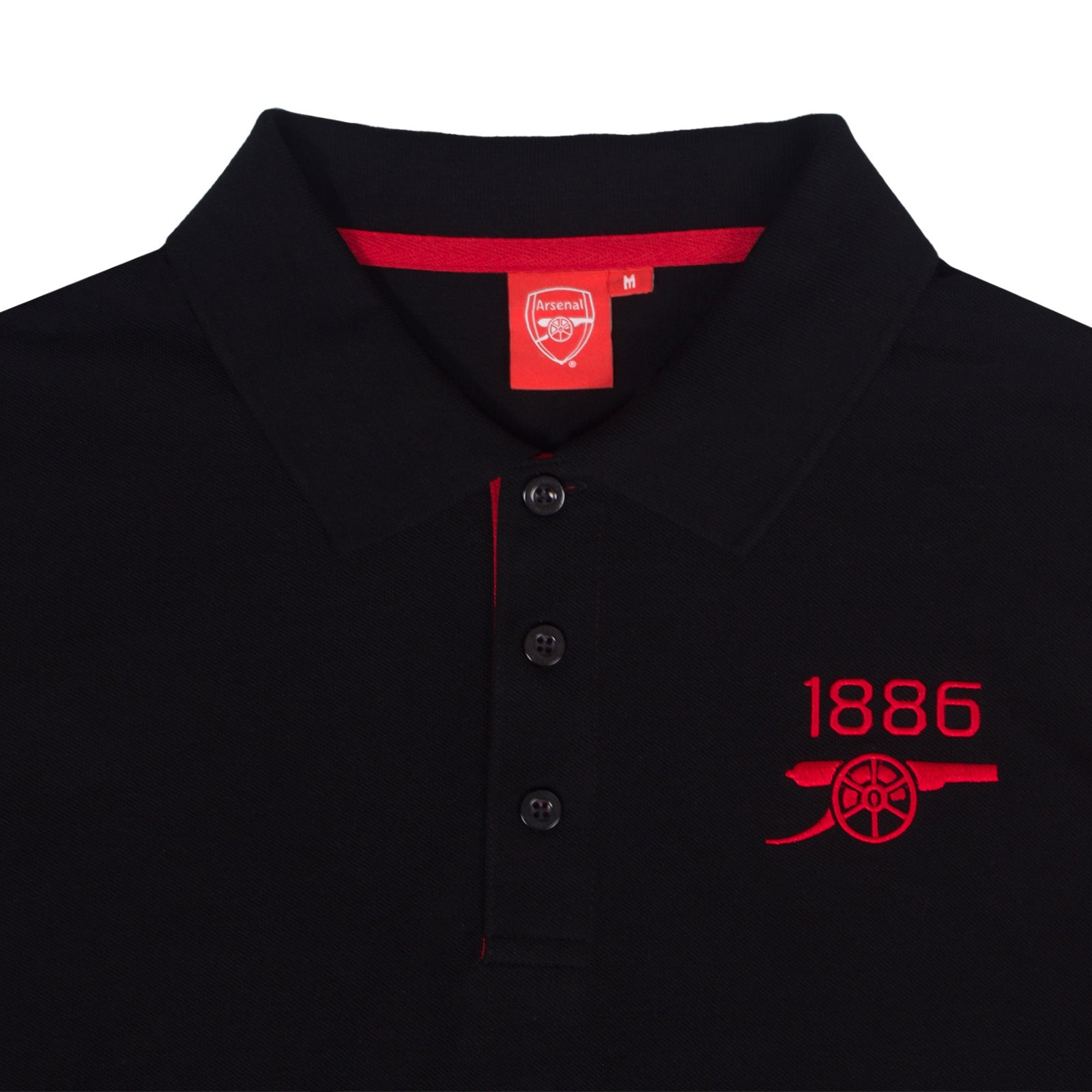 Arsenal polo shirt for adults in black with contrast sleeve, club crest and canon to chest.