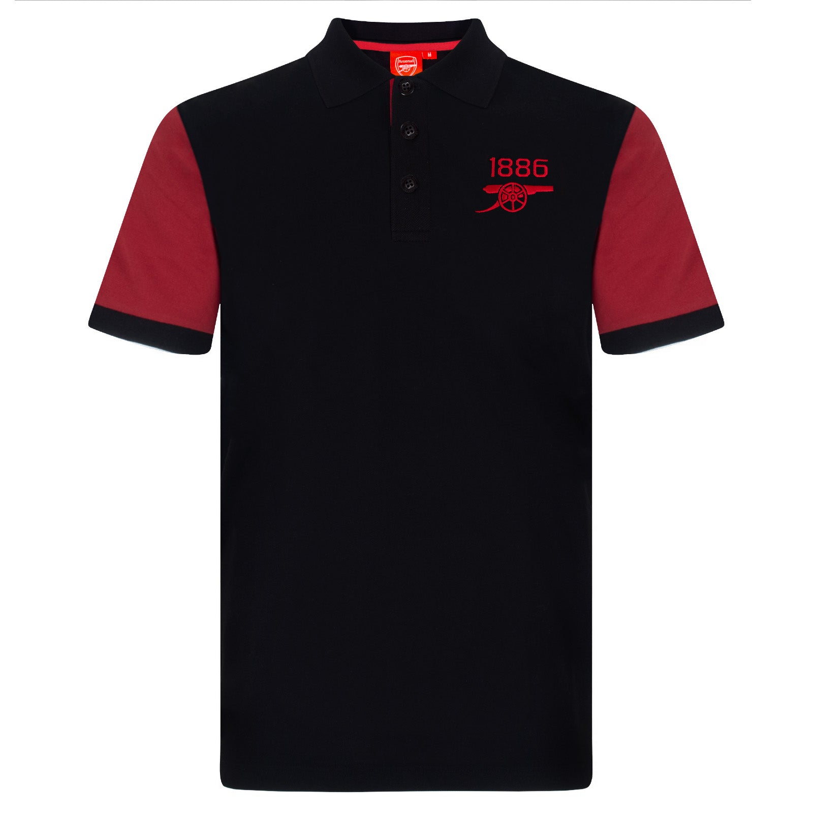 Arsenal polo shirt for adults in black with contrast sleeve, club crest and canon to chest.