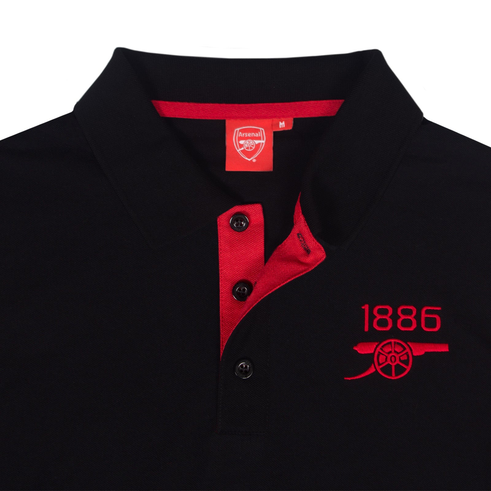 Arsenal polo shirt for adults in black with contrast sleeve, club crest and canon to chest.