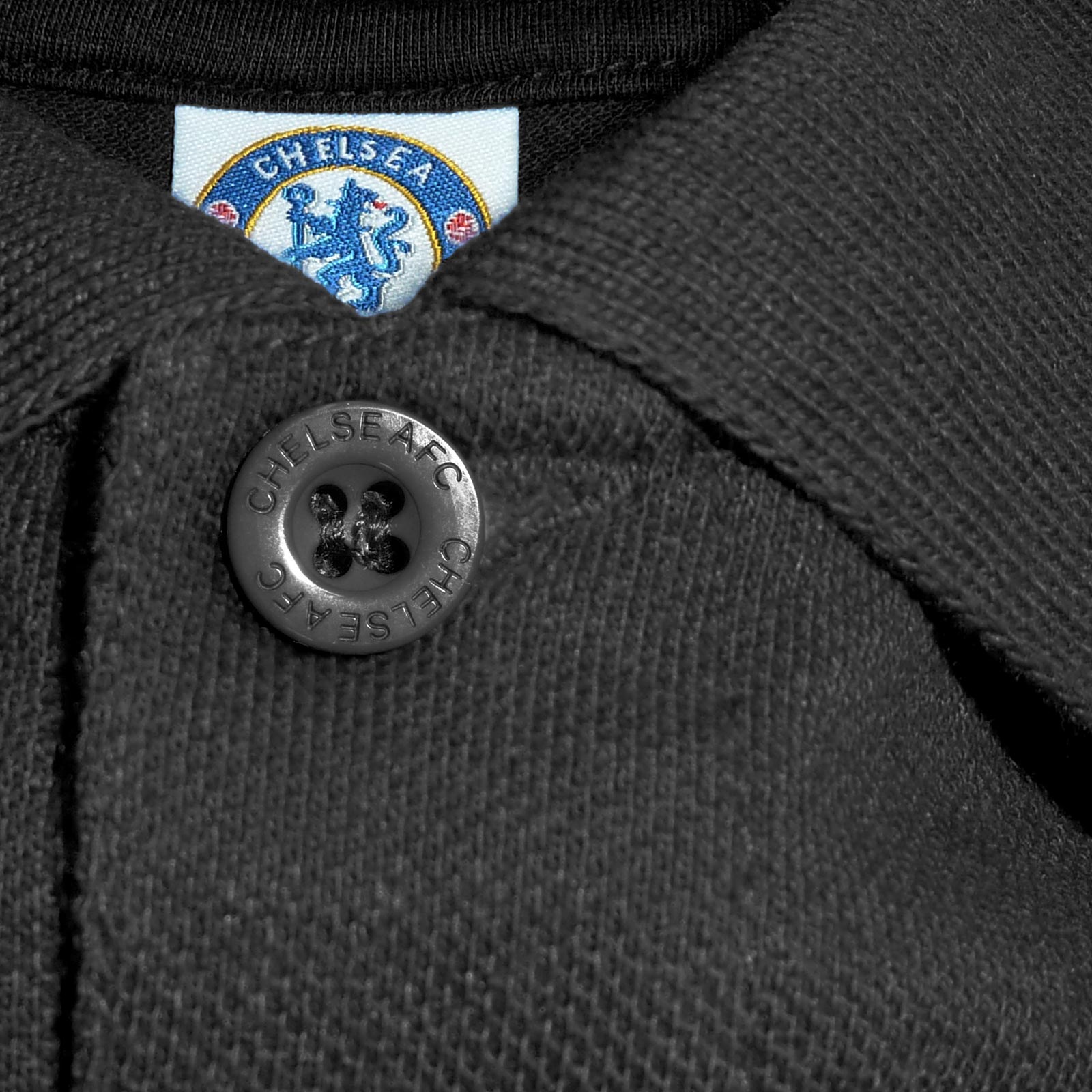 Chelsea adults polo shirt in black with crest and Chelsea FC text to chest