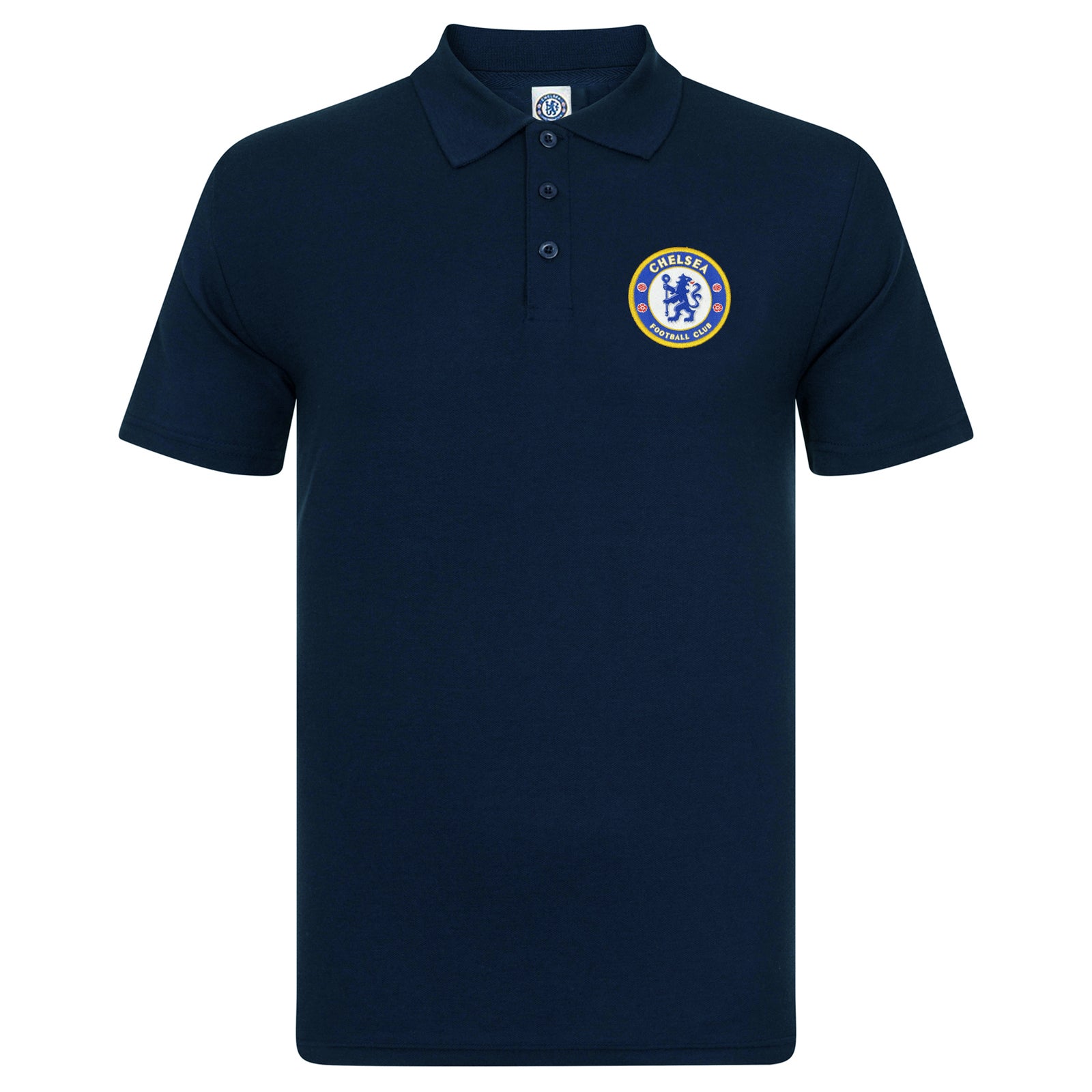 Chelsea adults polo shirt in navy with crest and Chelsea FC text to chest