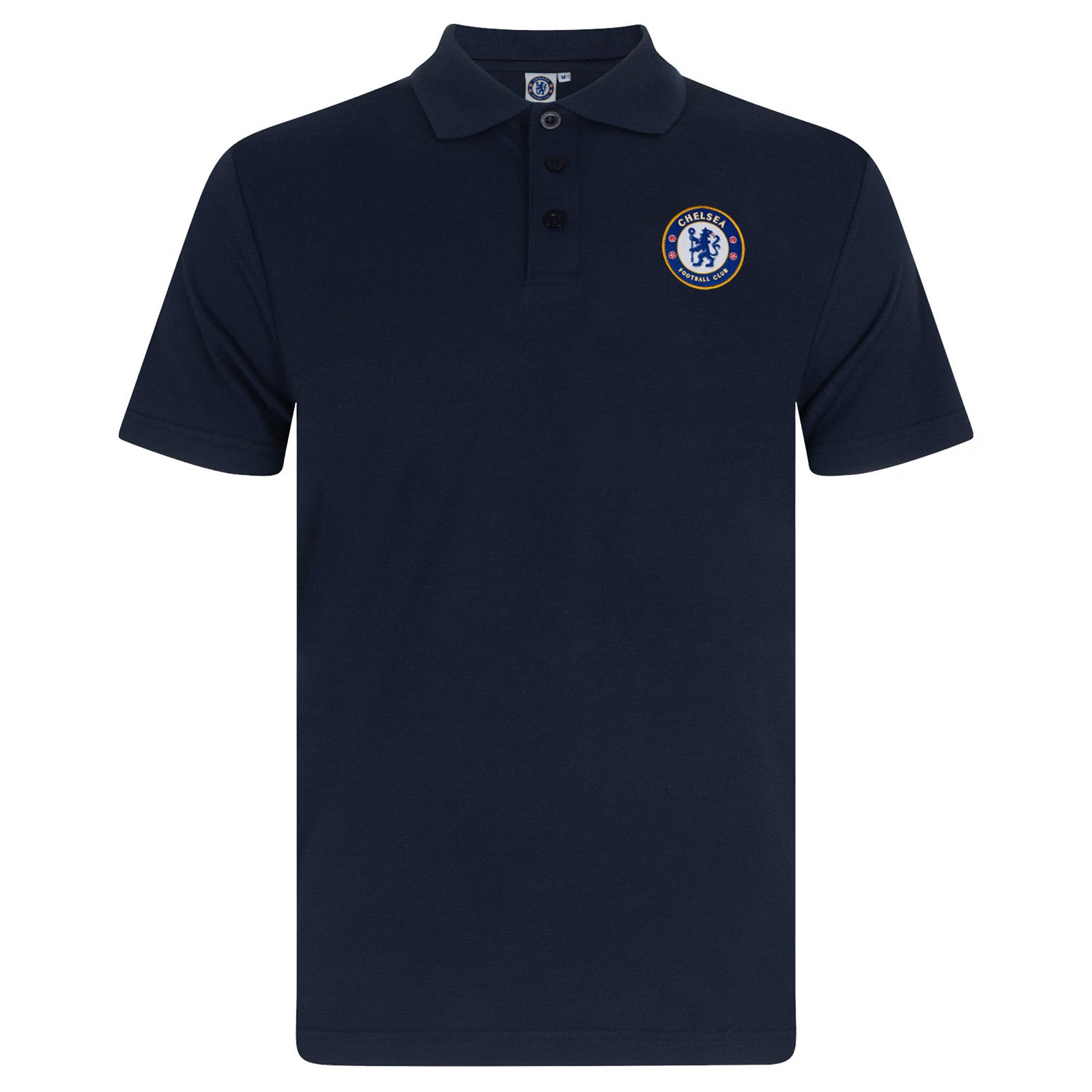 Chelsea adults polo shirt in navy with crest and Chelsea FC text to chest