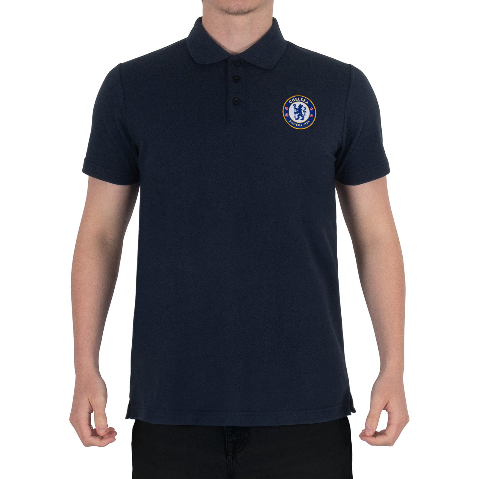 Chelsea adults polo shirt in navy with crest and Chelsea FC text to chest