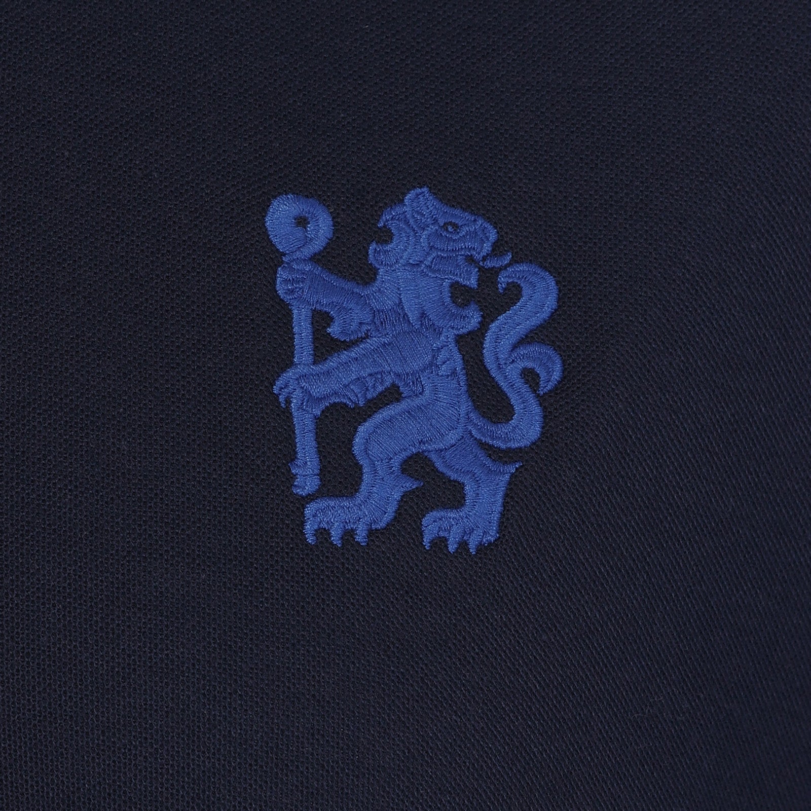 Chelsea adults polo shirt in navy with a crest and Chelsea FC text to chest