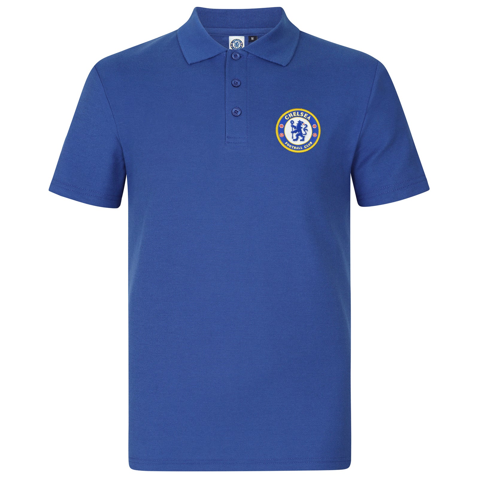 Chelsea adults polo shirt in royal blue with crest and Chelsea FC text to chest
