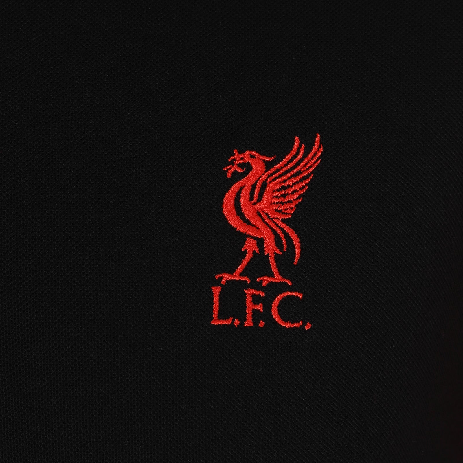 Liverpool adults polo shirt in black & contrast sleeve with LFC badge and Liverpool FC text to chest.
