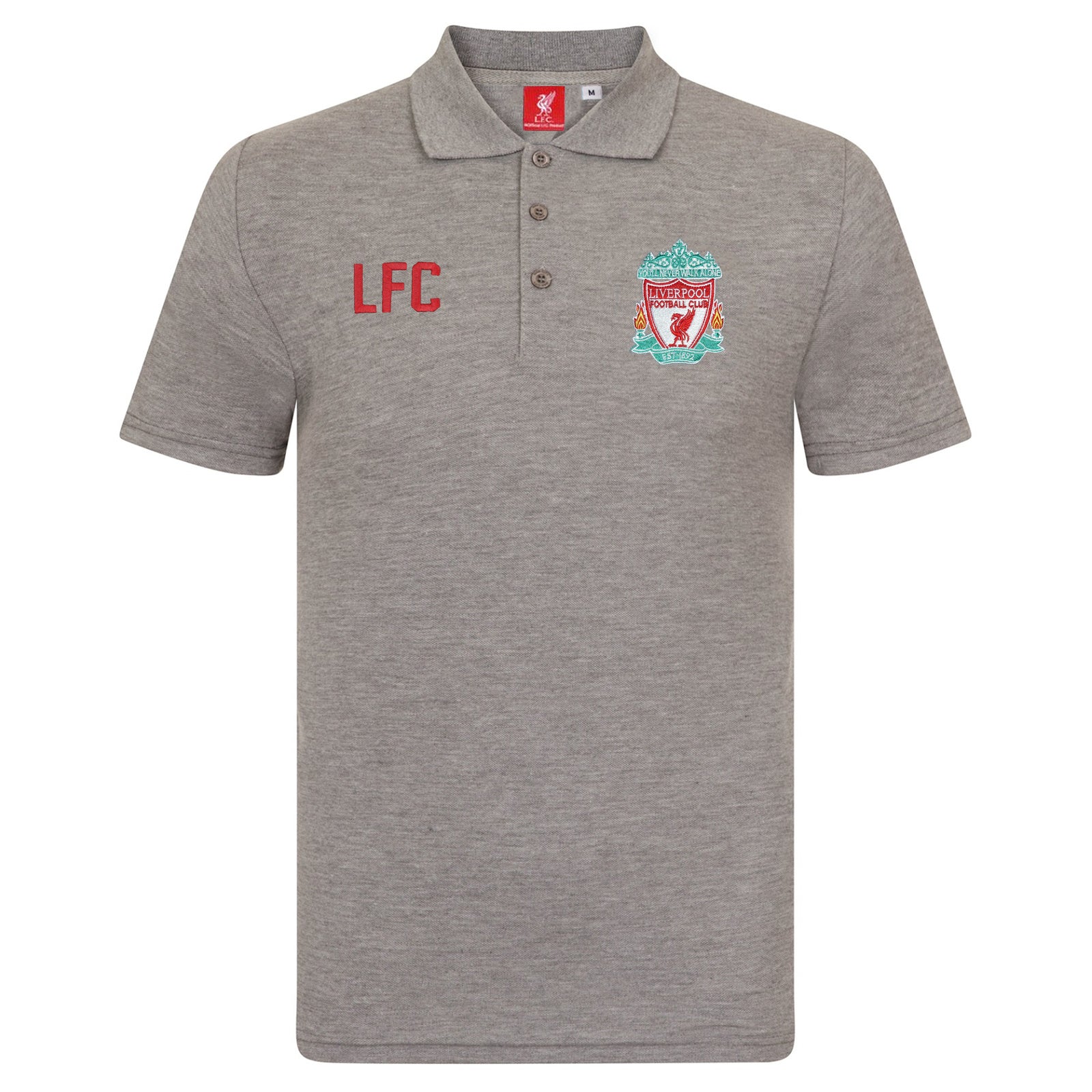 Liverpool adults polo shirt in grey with LFC badge and Liverpool FC text to chest.