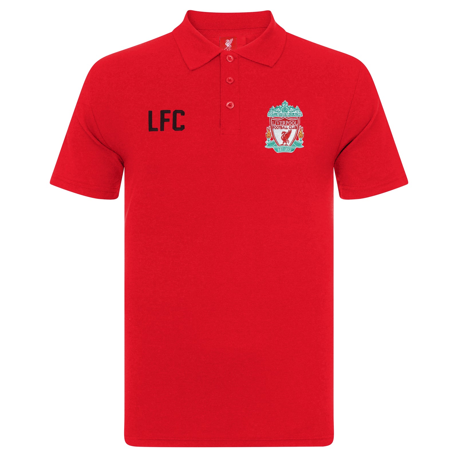 Liverpool adults polo shirt in red with LFC badge and Liverpool FC text to chest.