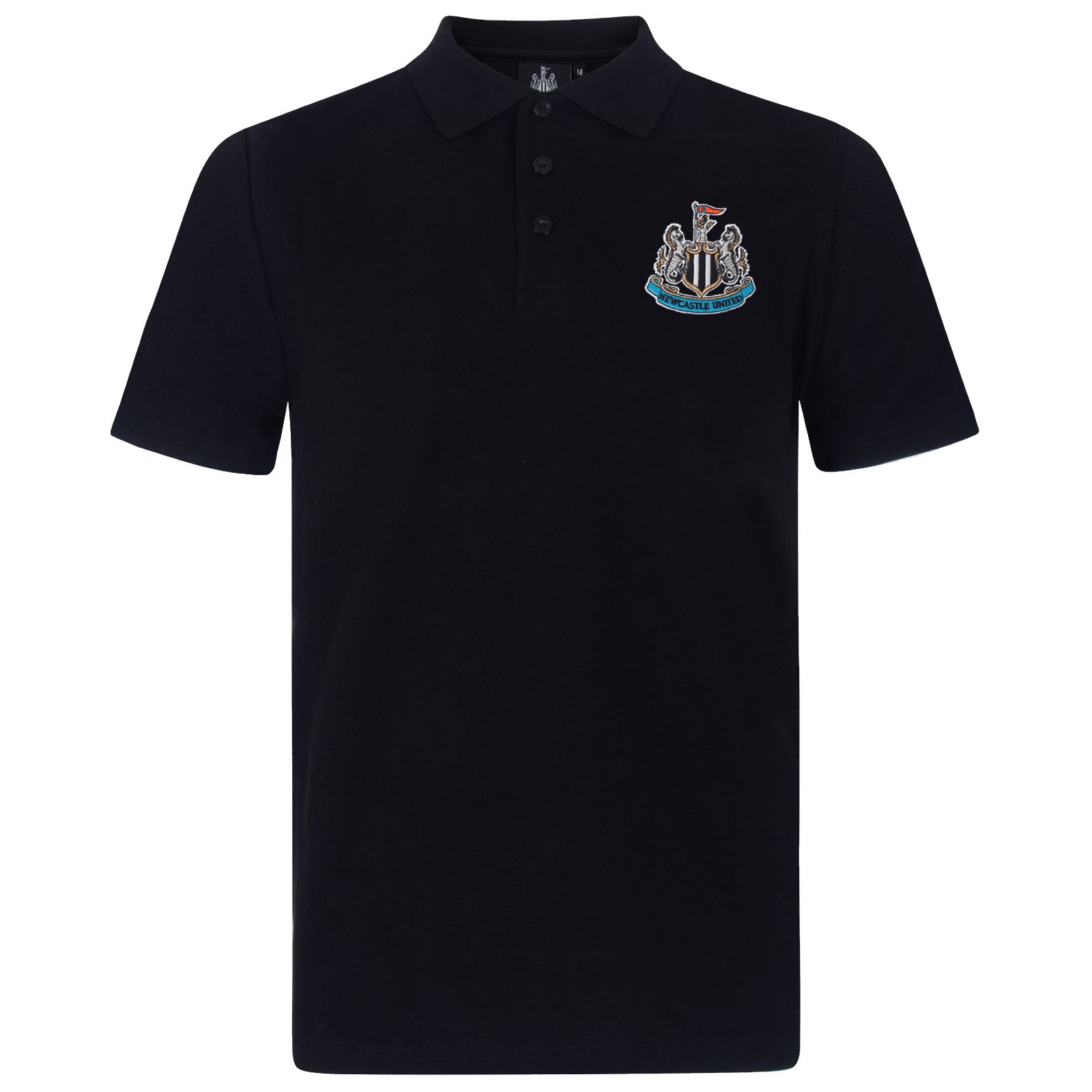 Newcastle Utd adults polo shirt in black with NUFC badge and text to chest.