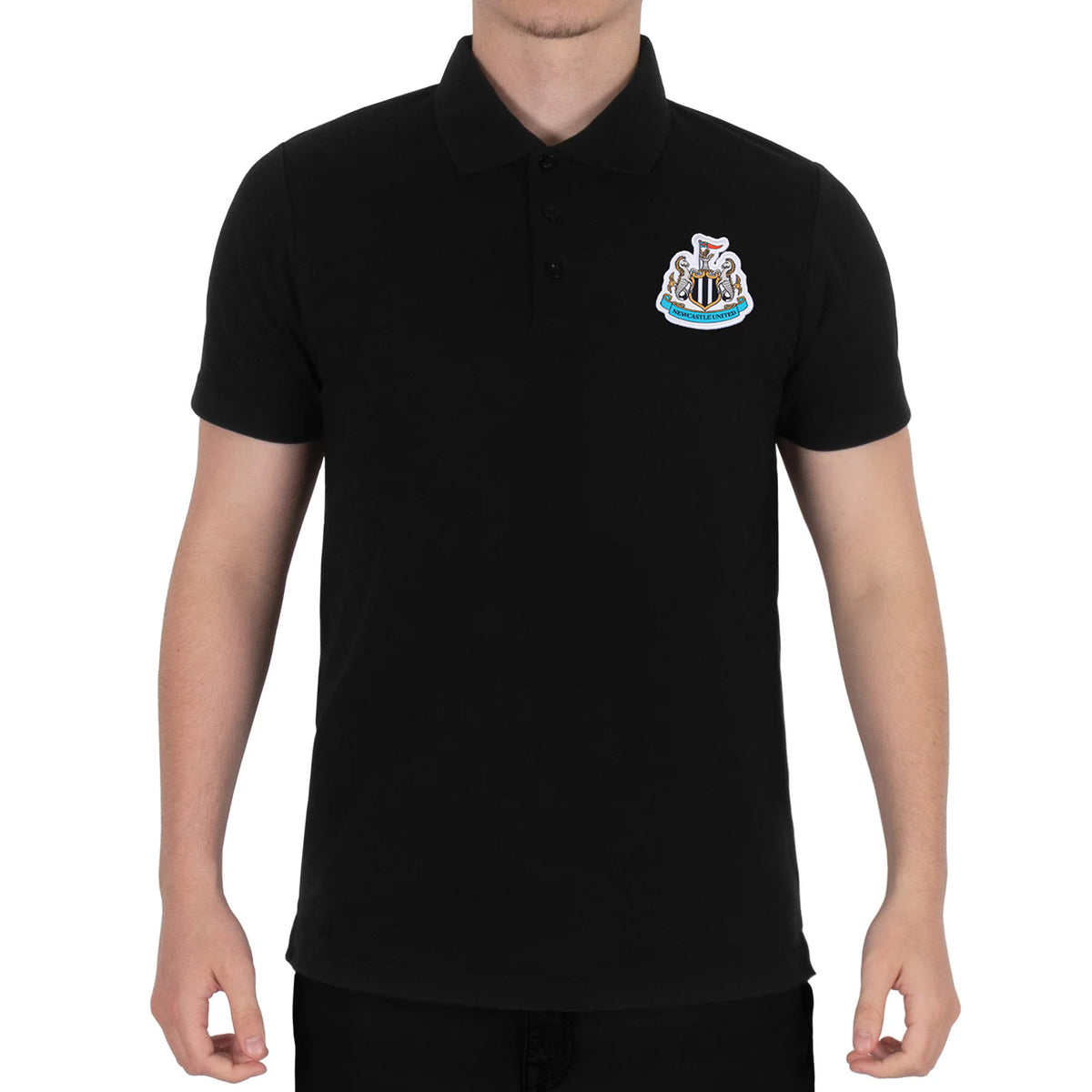 Newcastle Utd adults polo shirt in black with contrast sleeve and a NUFC badge and text to chest.
