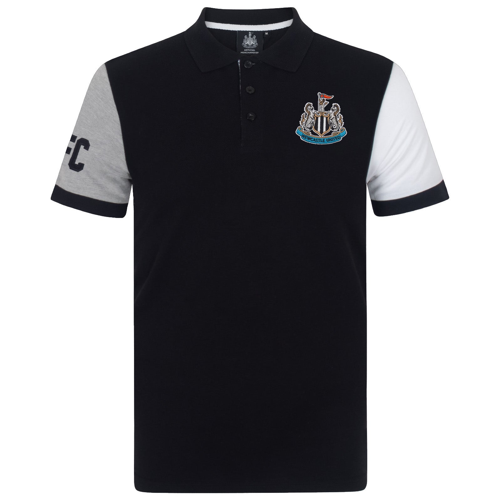 Newcastle Utd adults polo shirt in black with contrast sleeve and a NUFC badge and text to chest.