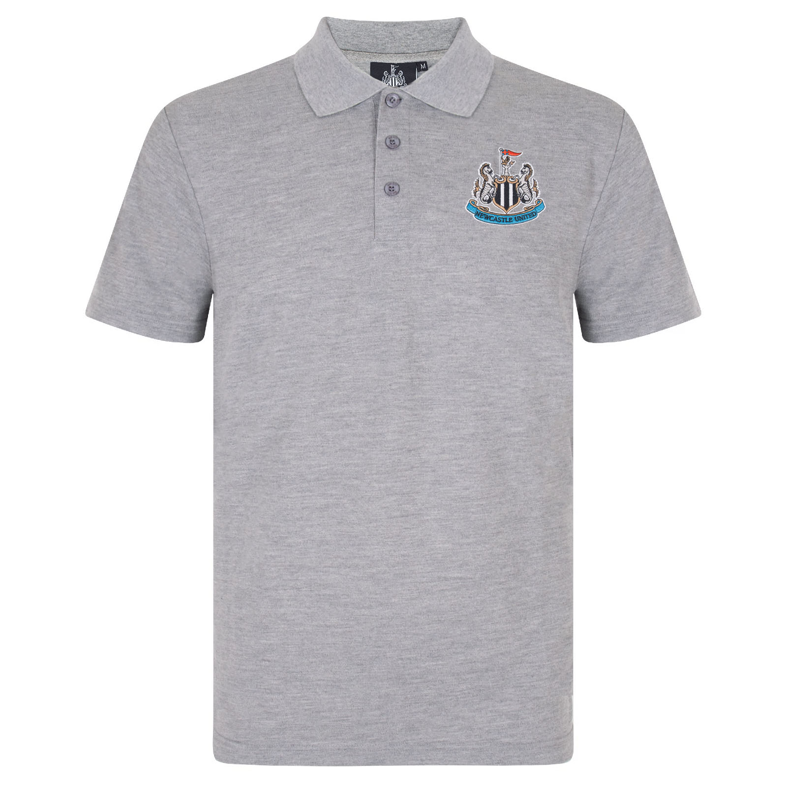 Newcastle Utd adults polo shirt in grey with NUFC badge and text to chest.