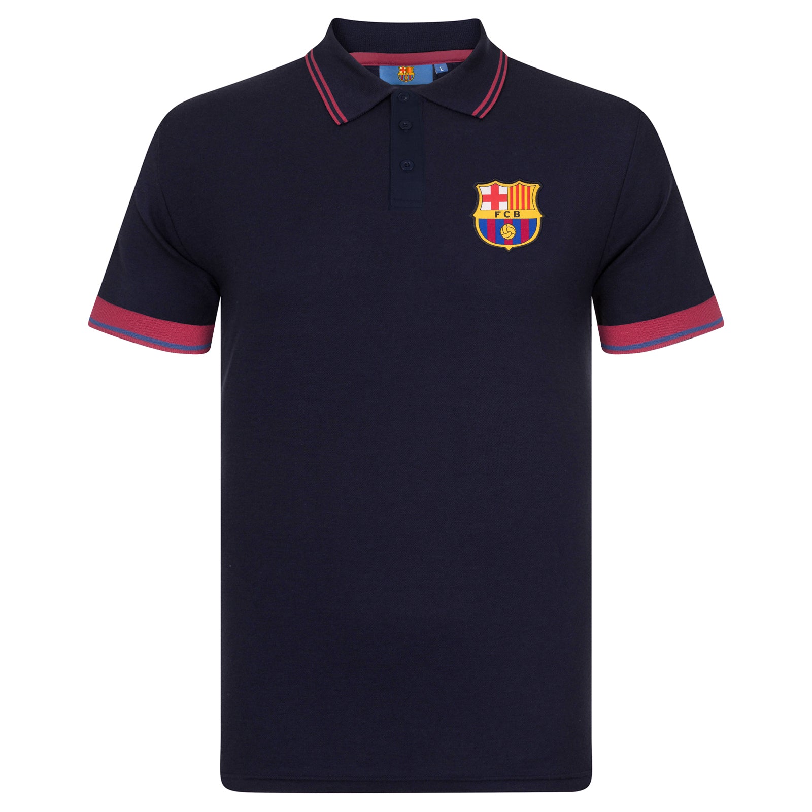 FC Barcelona adults polo shirt in navy blue with FCB logo and 3D Barca text to chest