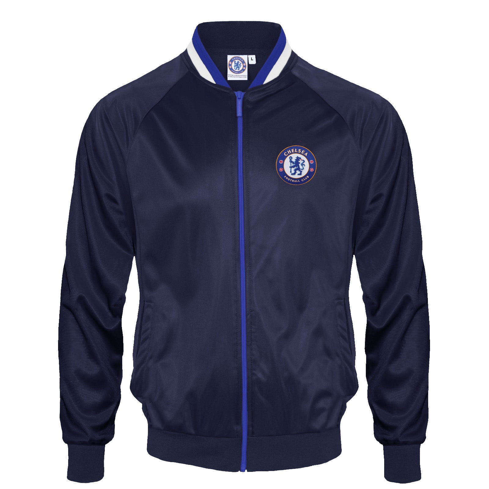 Chelsea adults track jacket in navy blue with retro crest on the chest.