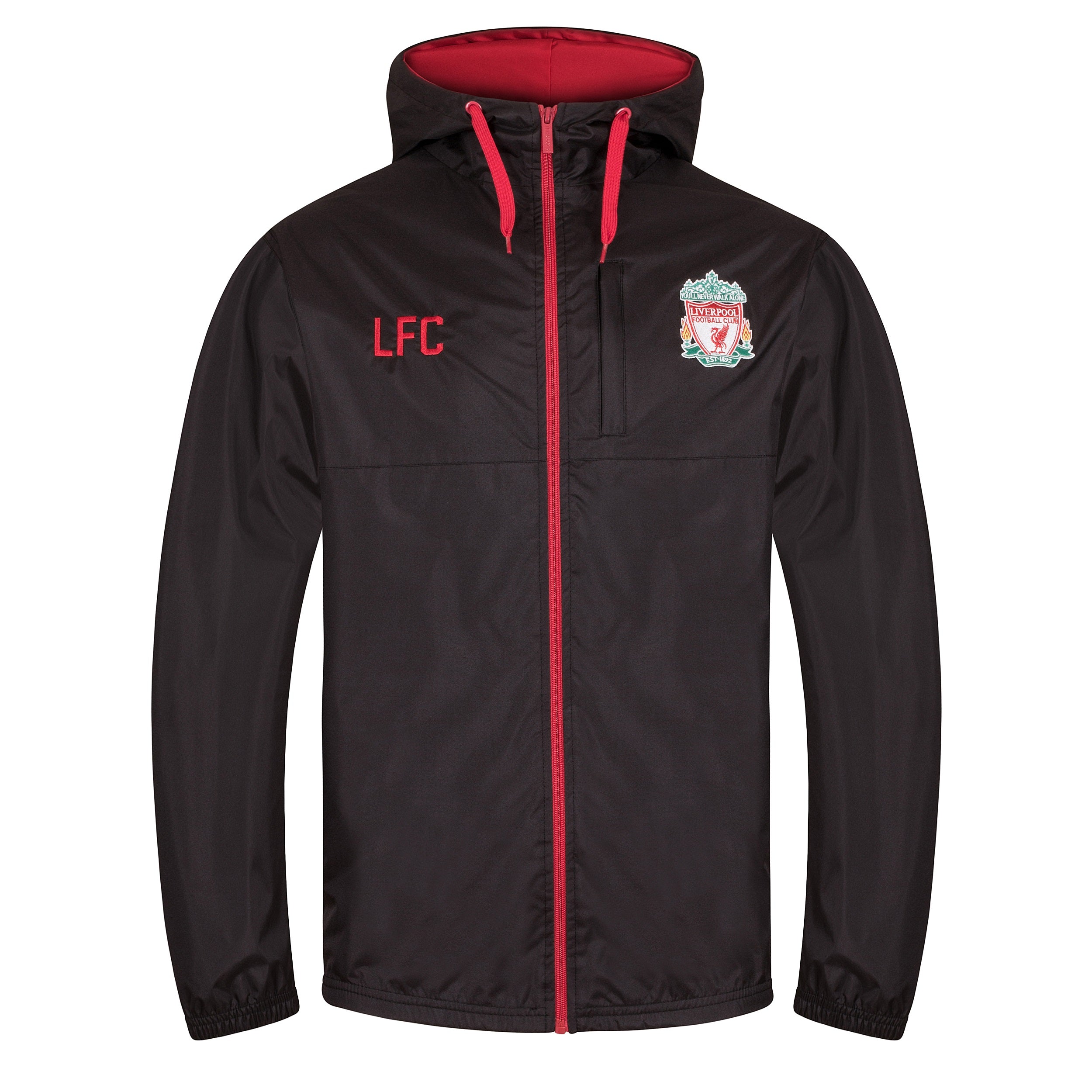 Liverpool adults shower jacket with hood in black with club crest to chest.