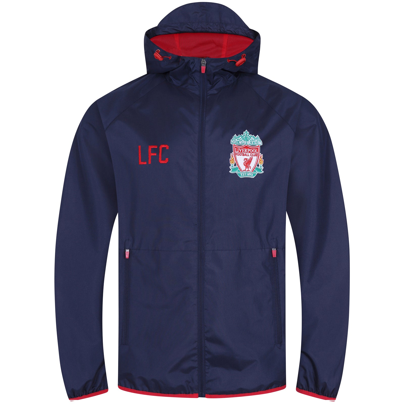 Liverpool adults shower jacket with hood in navy with club crest to chest.