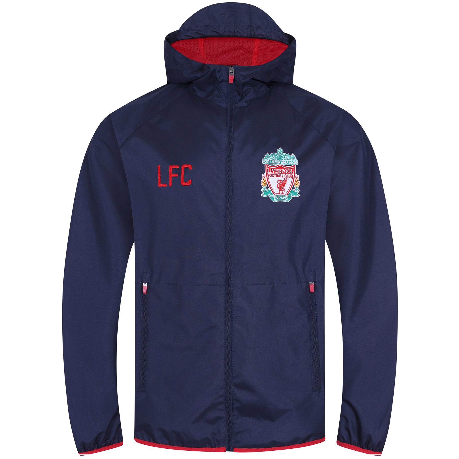 Liverpool kids shower jacket with hood in navy blue with club crest to chest.