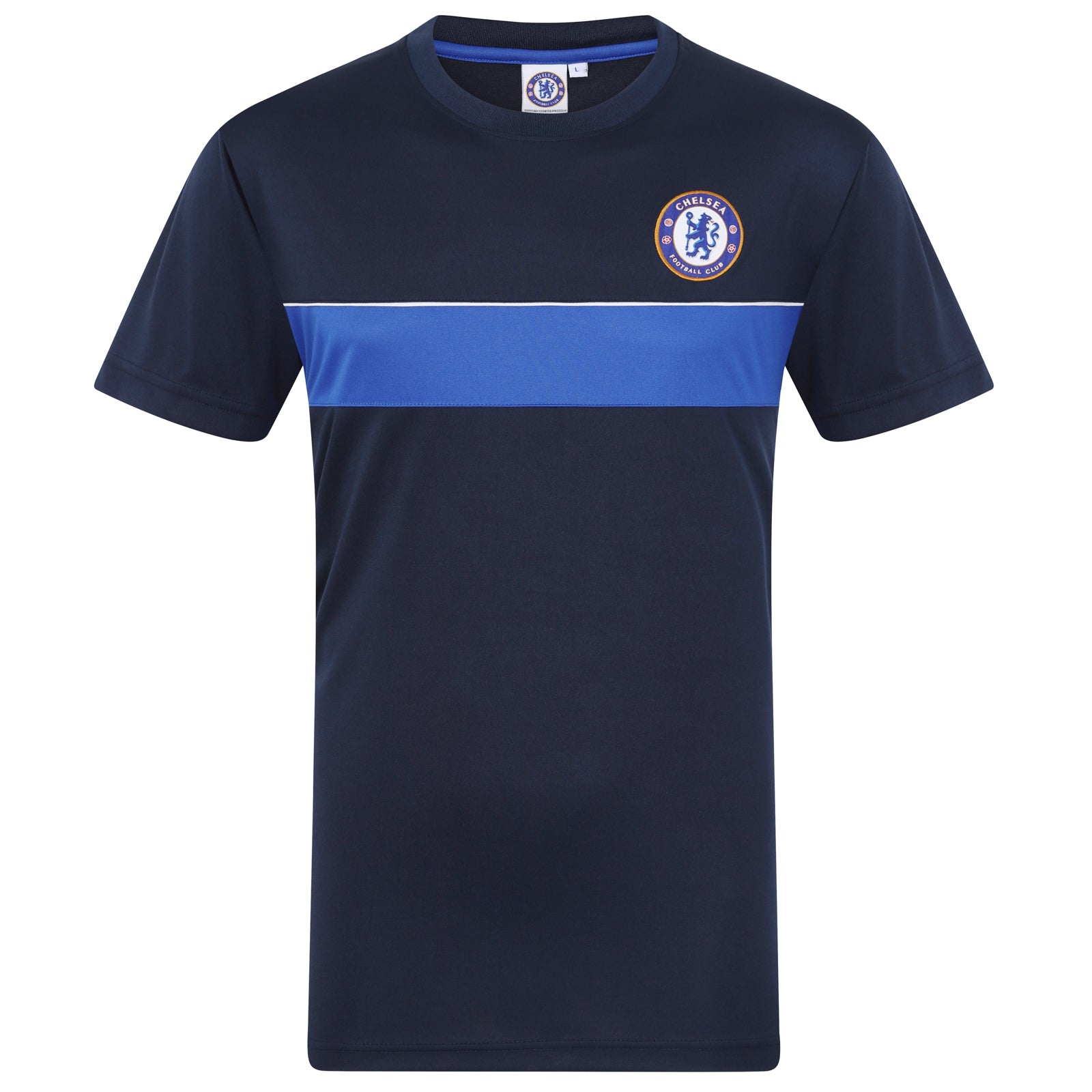 Chelsea adults T-shirt in navy & royal blue stripe with club crest to chest