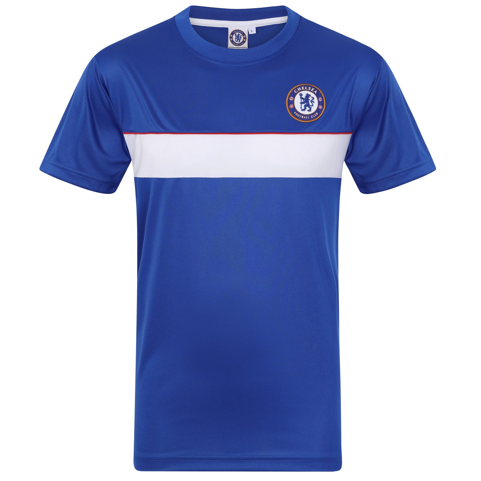 Chelsea adults T-shirt in navy & royal blue stripe with club crest to chest