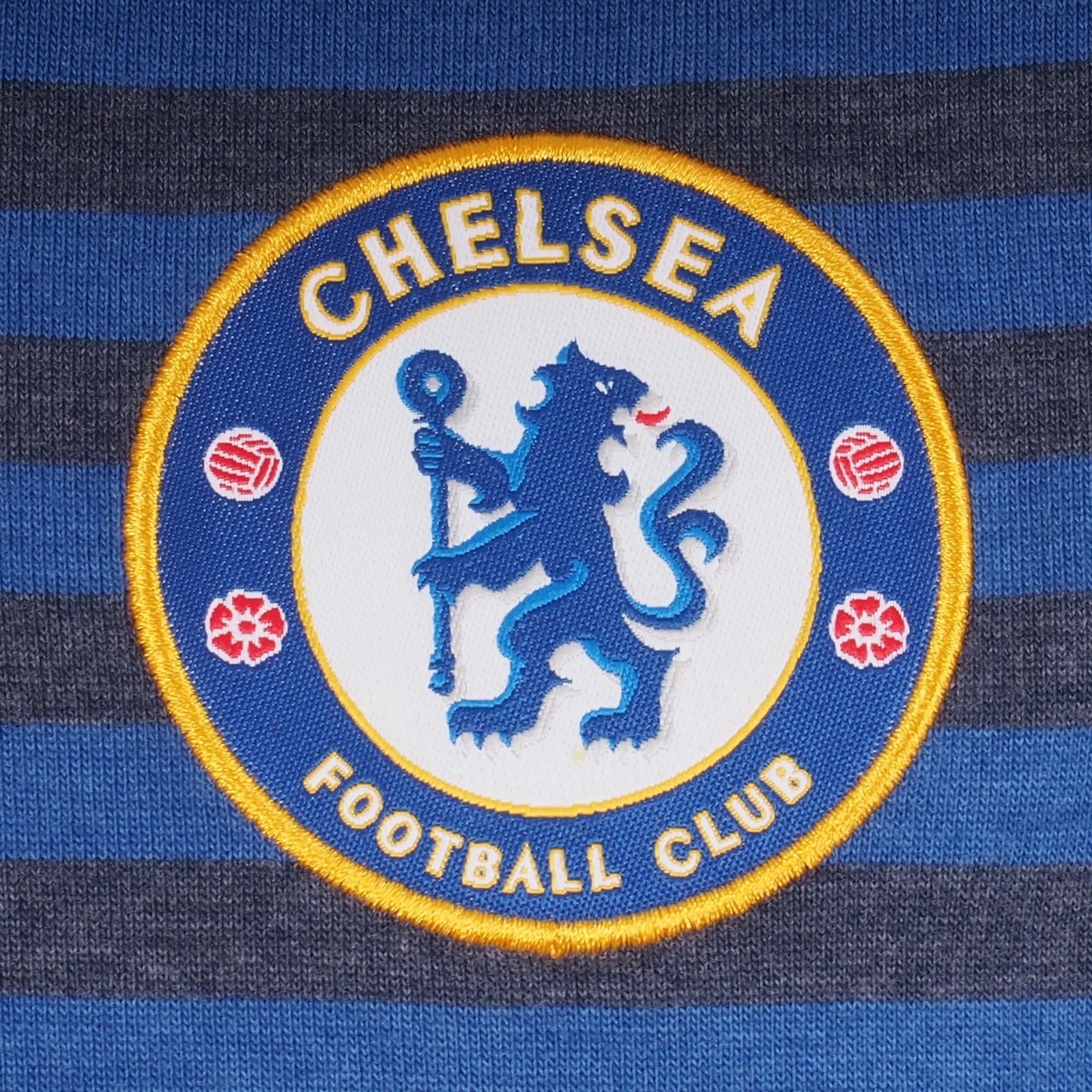 Chelsea adults striped polo shirt for adults in blue marl with club crest to chest.